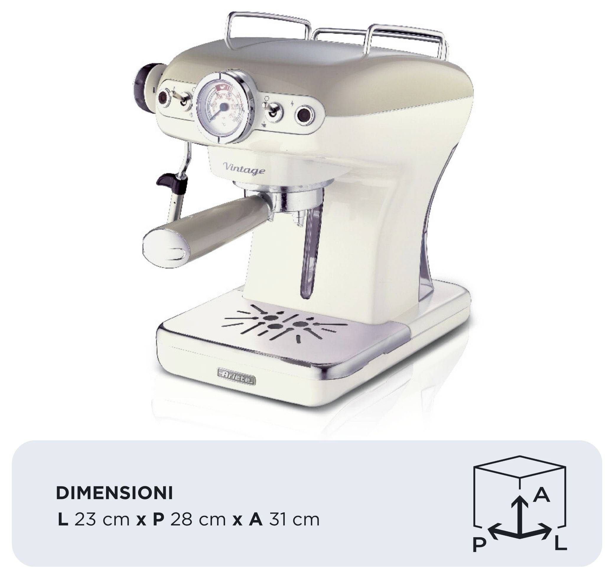 Espressomaschine im Vintage-Stil in Creme und Silber; Abmessungen angegeben als 23 cm breit, 28 cm tief, 31 cm hoch.