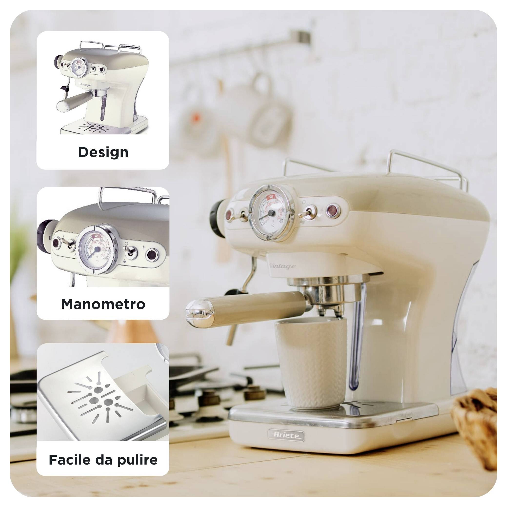 Cremefarbene Espressomaschine auf einer Küchentheke, mit eingefügten Beschriftungen mit den Bezeichnungen "Design", "Manometer" und "Leicht zu reinigen".