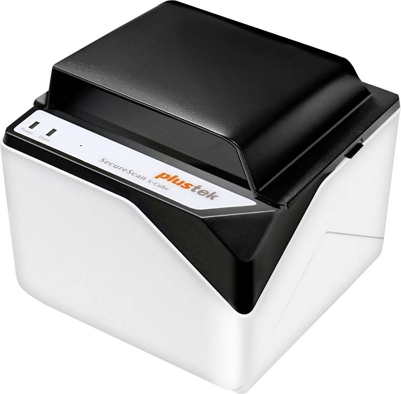 Plustek SecureScan Dokumentenscanner mit schwarzem Deckel und weißer Basis, dargestellt in einer Produktstil-Ansicht auf weißem Hintergrund.