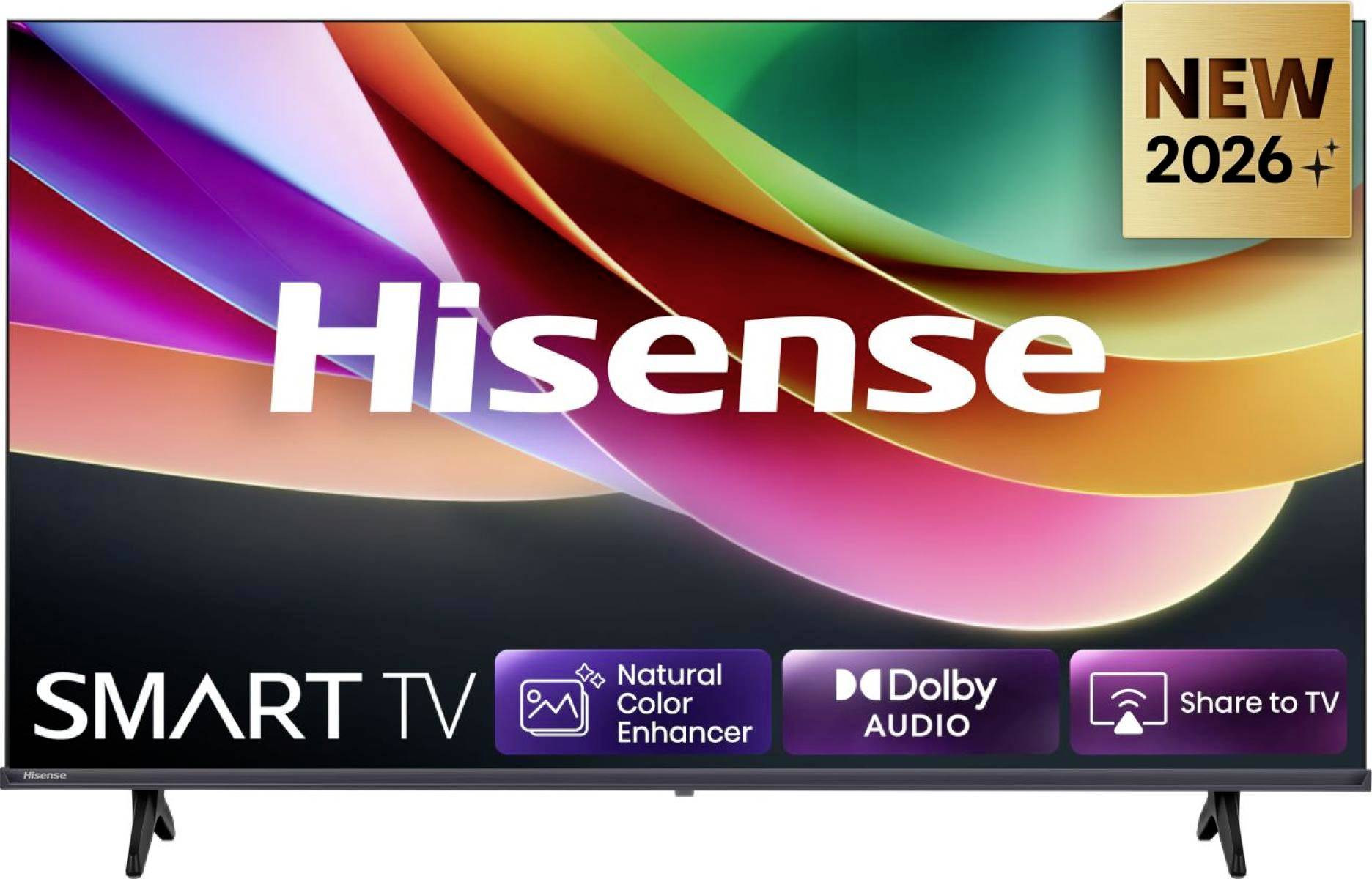Hisense Smart TV mit farbenfrohem abstraktem Display, beschriftet mit „NEW 2026