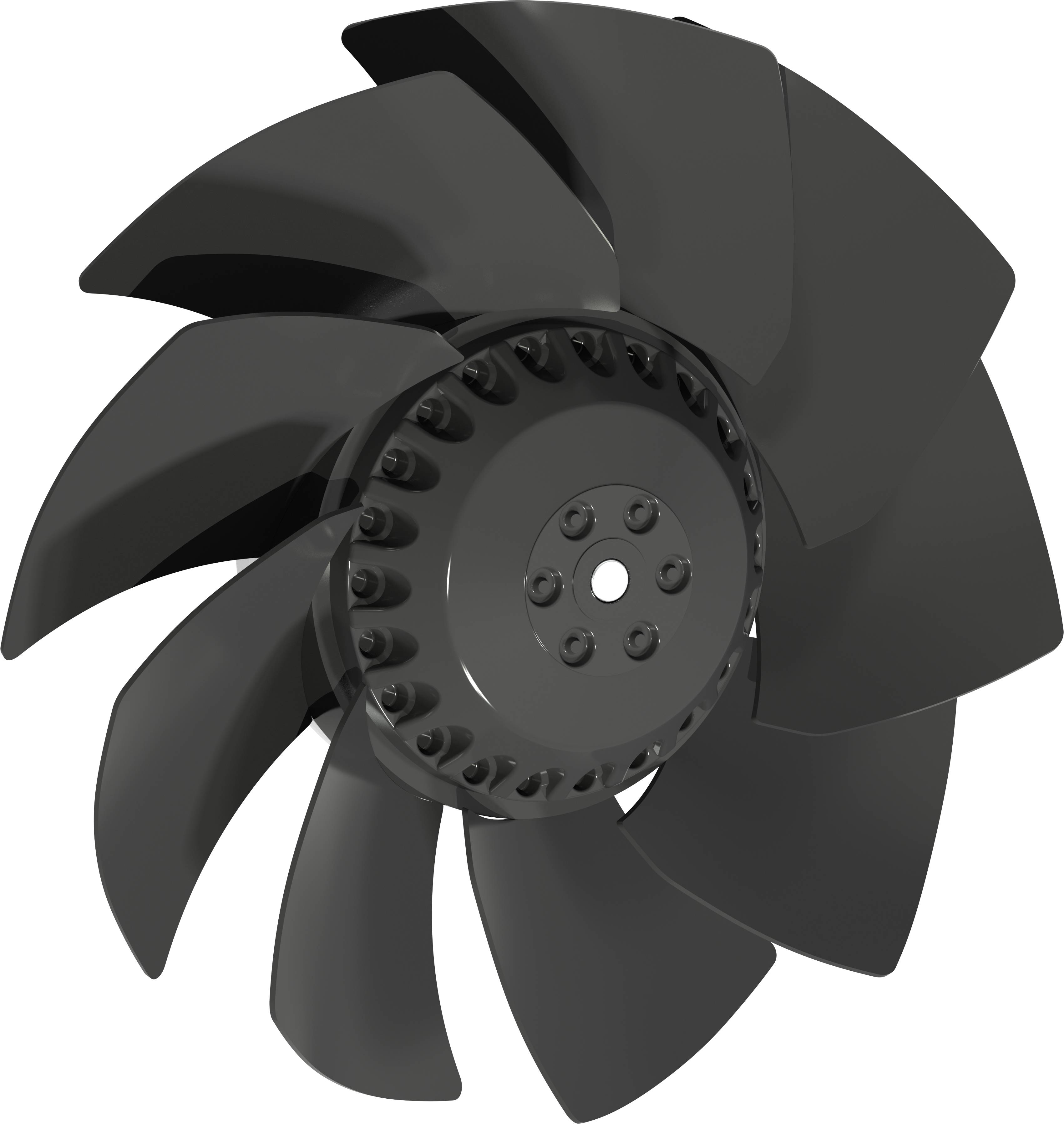 Schwarzer industrieller Laufrad- oder Ventilatorrotor mit gekrümmten Schaufeln auf weißem Hintergrund.