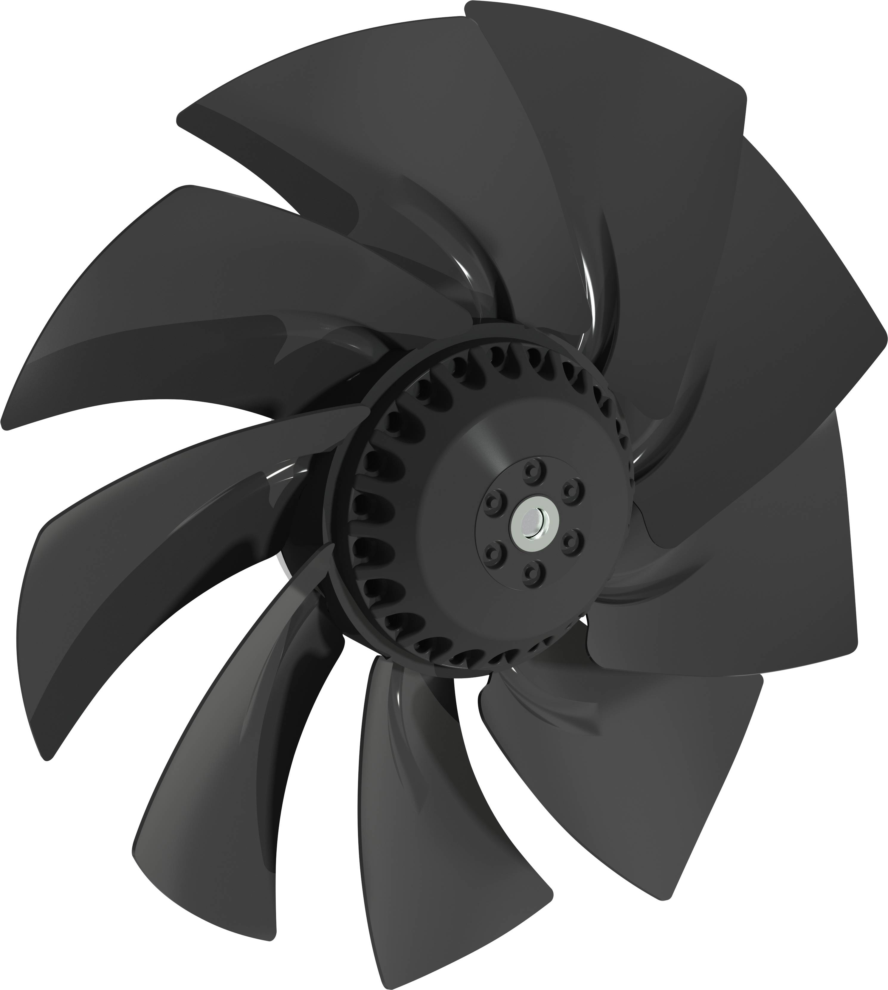 Schwarzer Axialventilator oder Propellerblatt auf weißem Hintergrund, in Nahaufnahme dargestellt.
