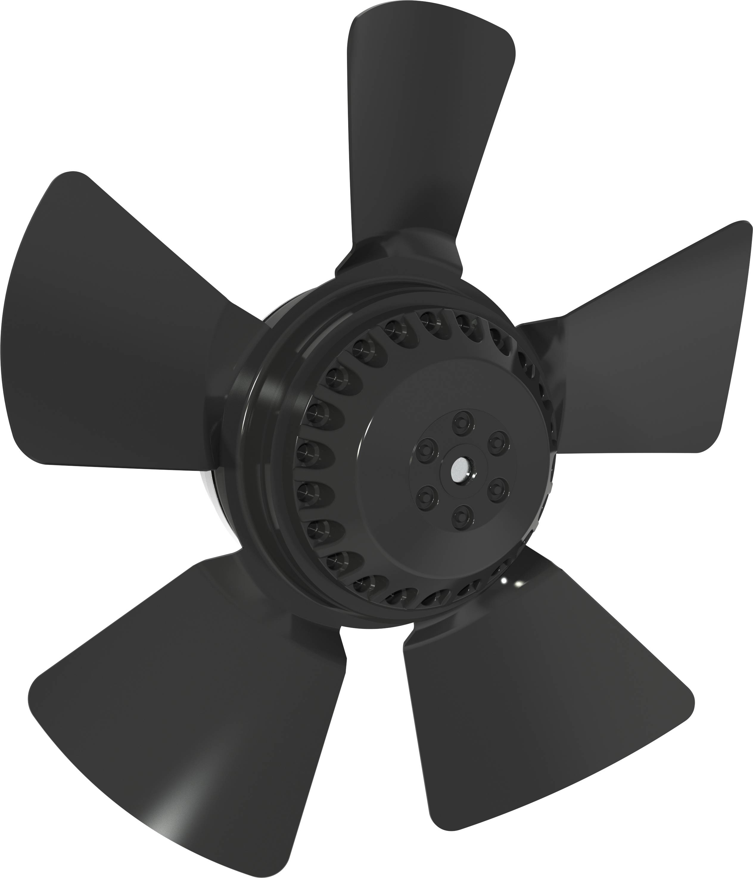 Schwarze fünfblättrige Industrielüfterpropeller auf weißem Hintergrund, frontal gezeigt.
