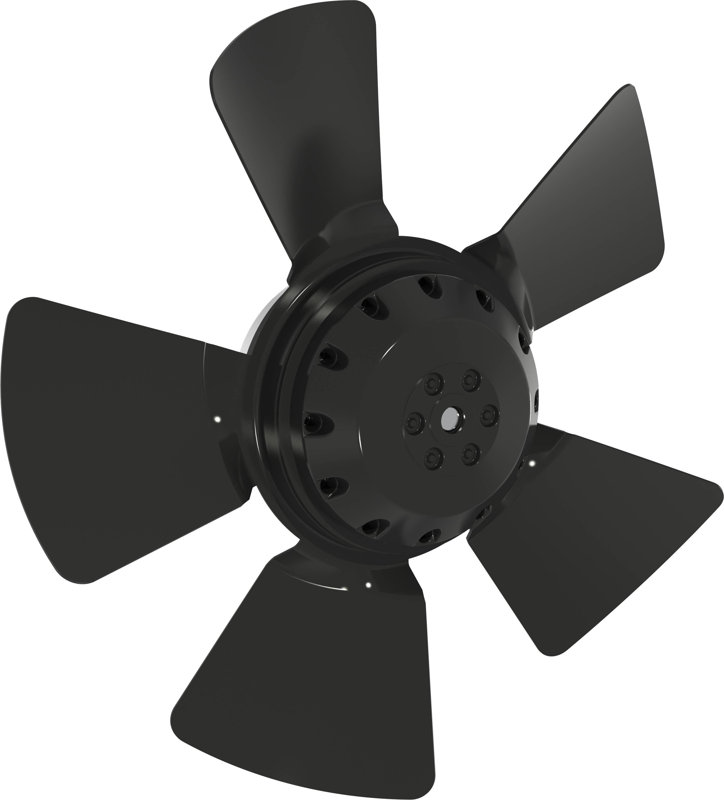 Schwarzer fünfflügeliger Axialventilator oder Propeller isoliert auf weißem Hintergrund.