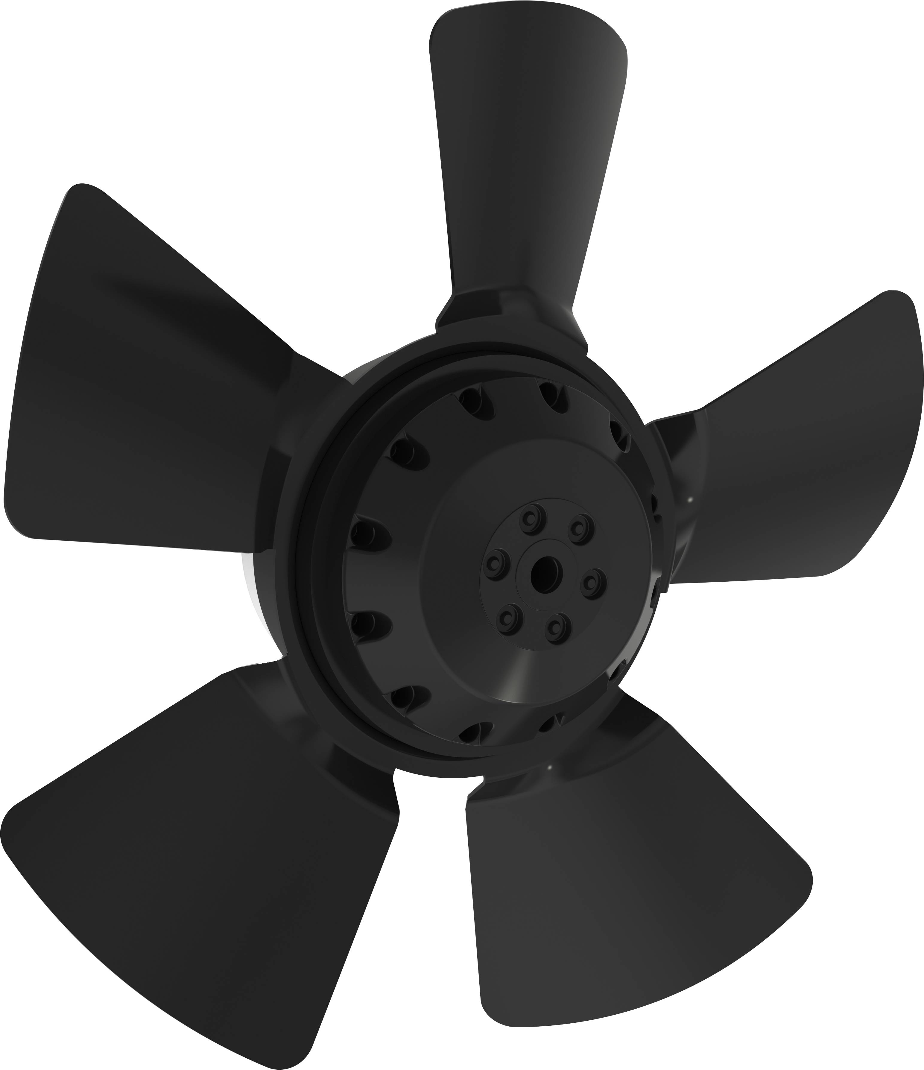 Schwarzer fünfflügeliger Industrieventilatorpropeller auf weißem Hintergrund, Frontalansicht.