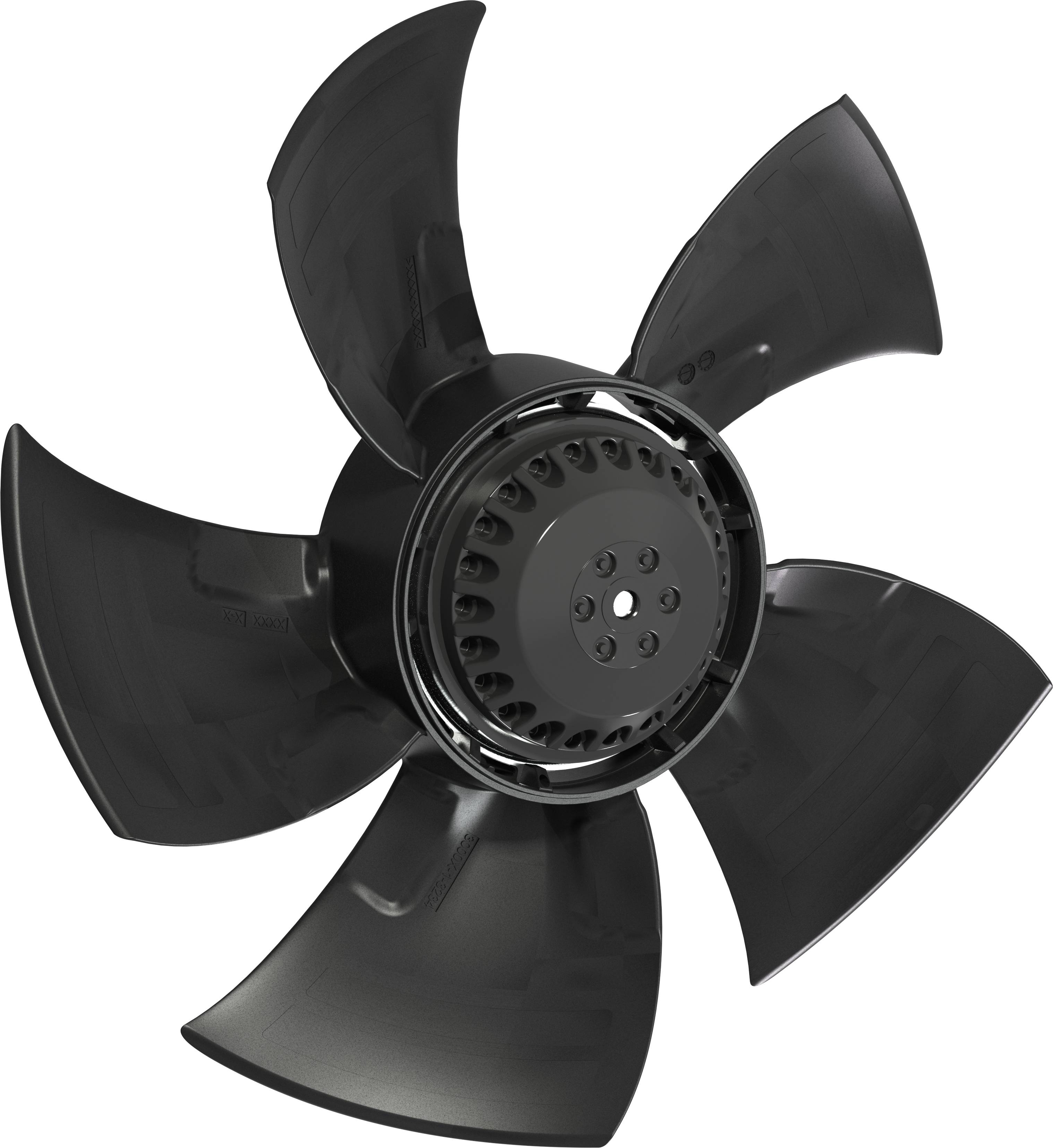 Schwarzer fünfblättriger Ventilator-Propeller oder Lüfterrad isoliert auf weißem Hintergrund.