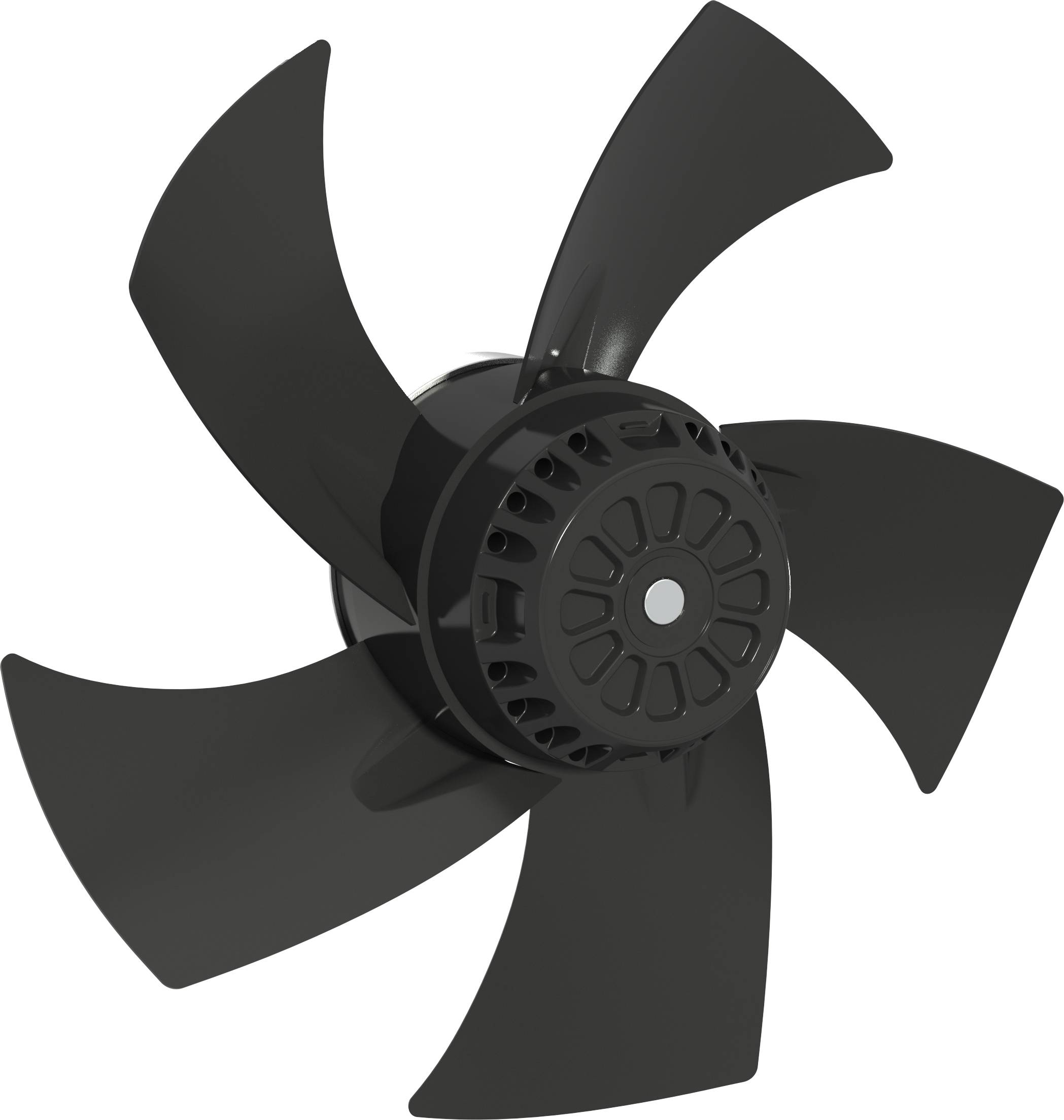 Schwarzer fünfflügeliger Ventilator oder Propeller auf weißem Hintergrund, in Nahaufnahme dargestellt.
