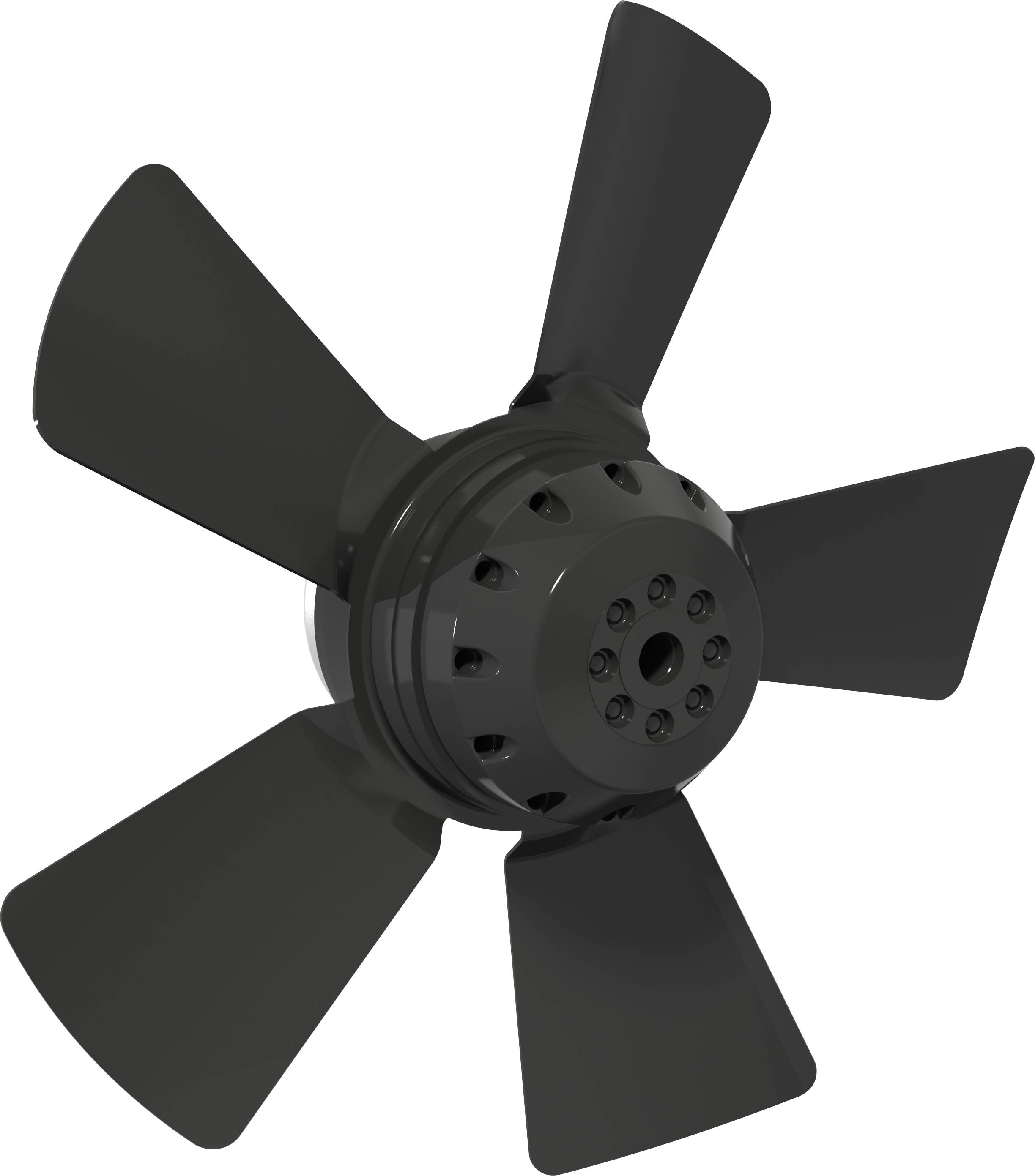 Schwarzer fünfblättriger Industrielüfter oder Propeller auf weißem Hintergrund, aus der Nähe fotografiert und leicht nach links geneigt.