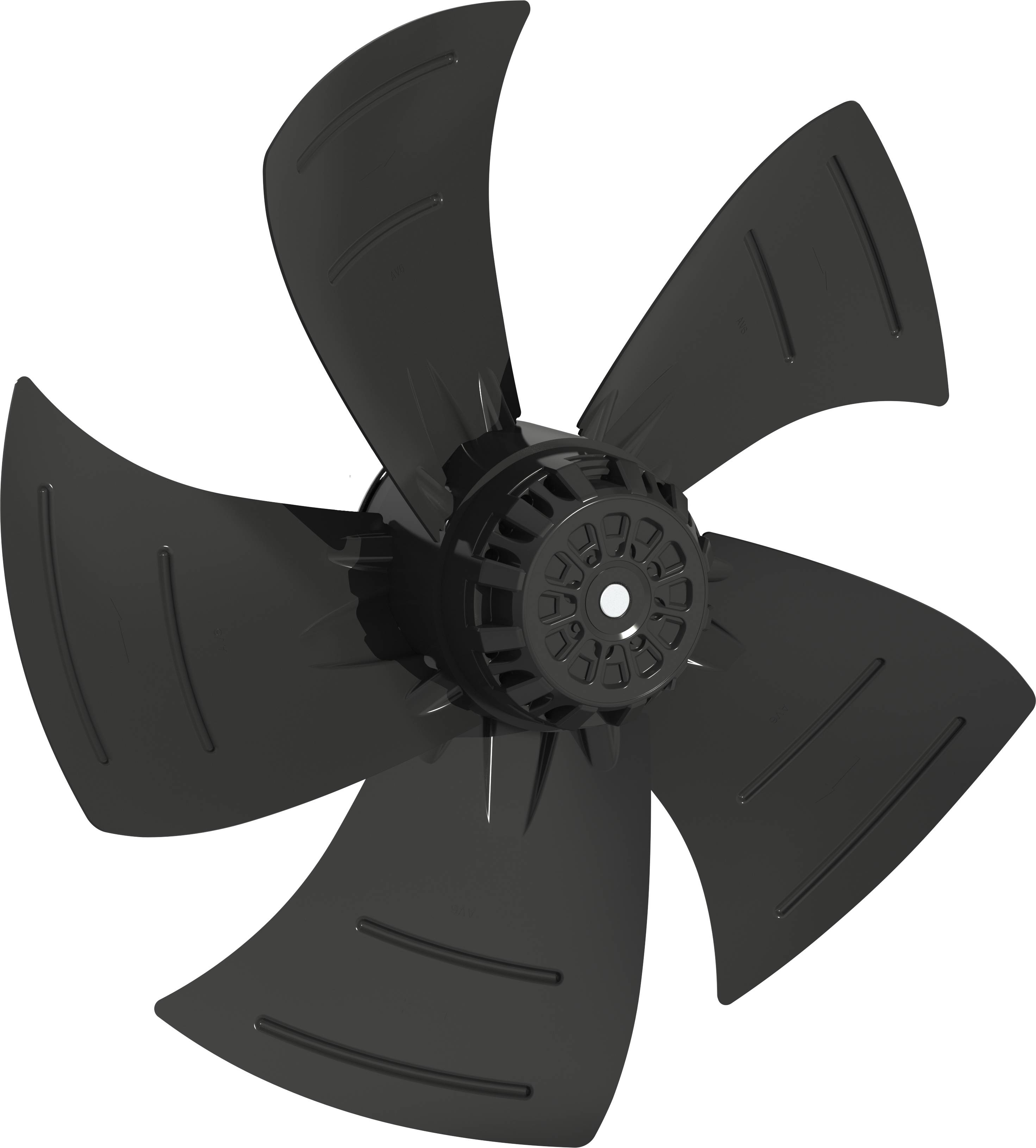 Schwarzer Fünfblatt-Ventilator oder Propeller von vorne auf weißem Hintergrund betrachtet.