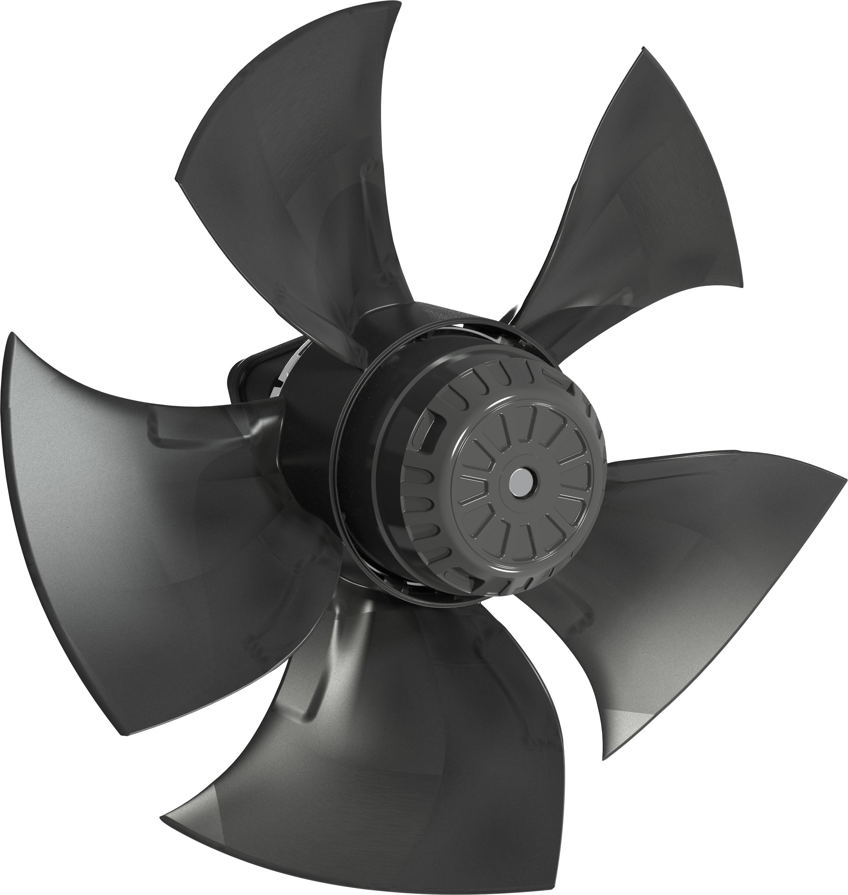 Schwarzer fünfblättriger Industrielüfter-Propeller auf weißem Hintergrund, in Nahaufnahme dargestellt.