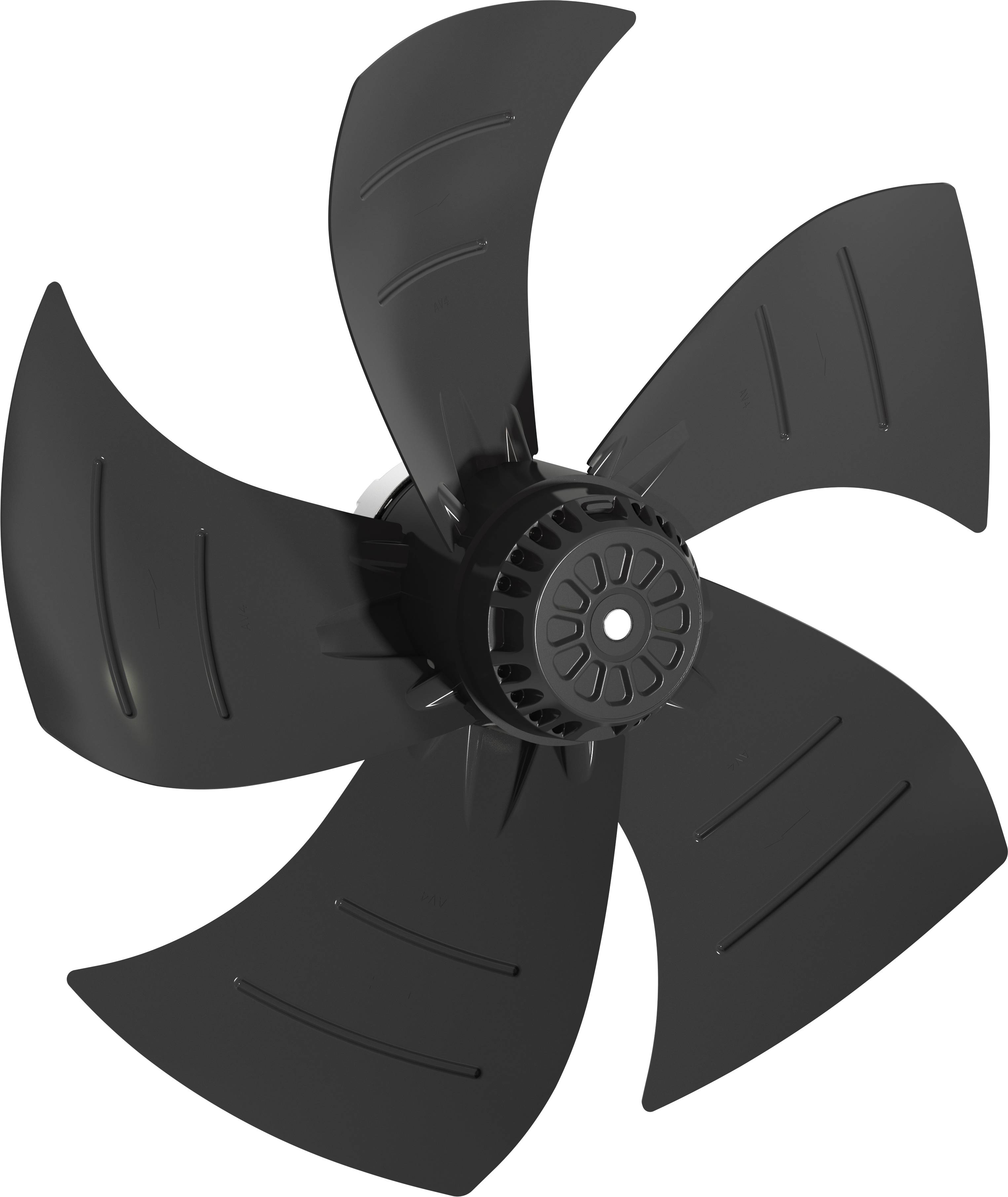 Schwarzer fünfblättriger Ventilatorpropeller isoliert auf weißem Hintergrund.