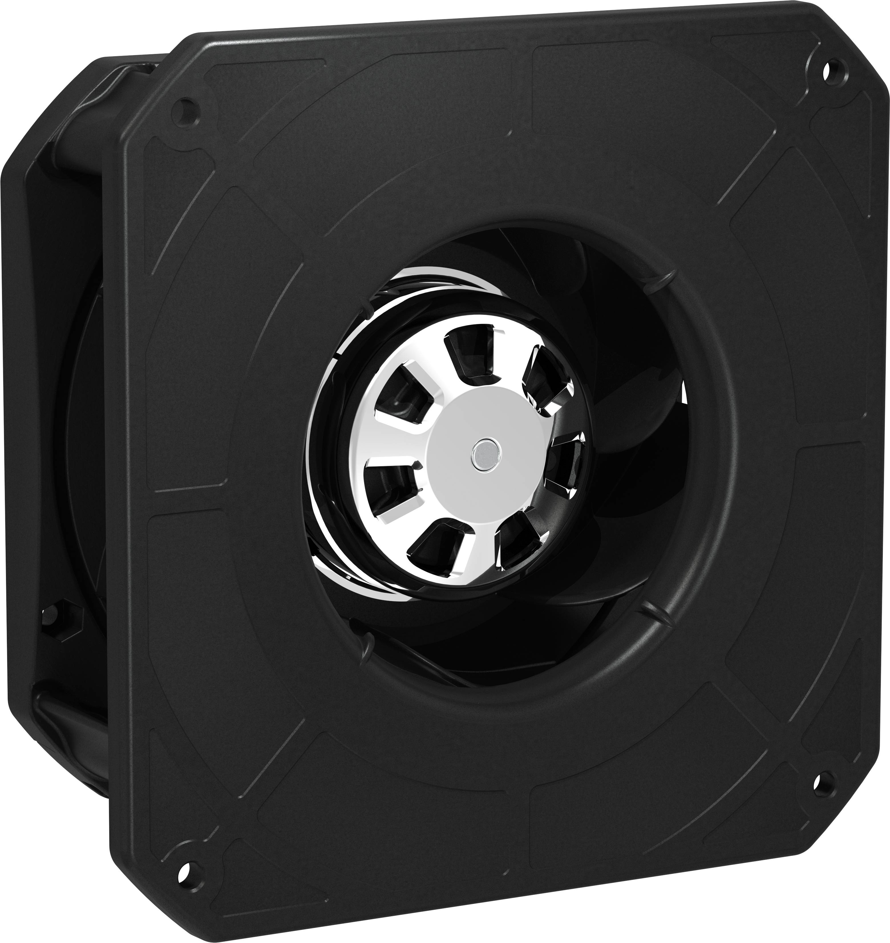 Schwarzer quadratischer Axialkühlventilator mit zentralem silbernem Rotor, dargestellt in einer produktstilisierten isolierten Ansicht.