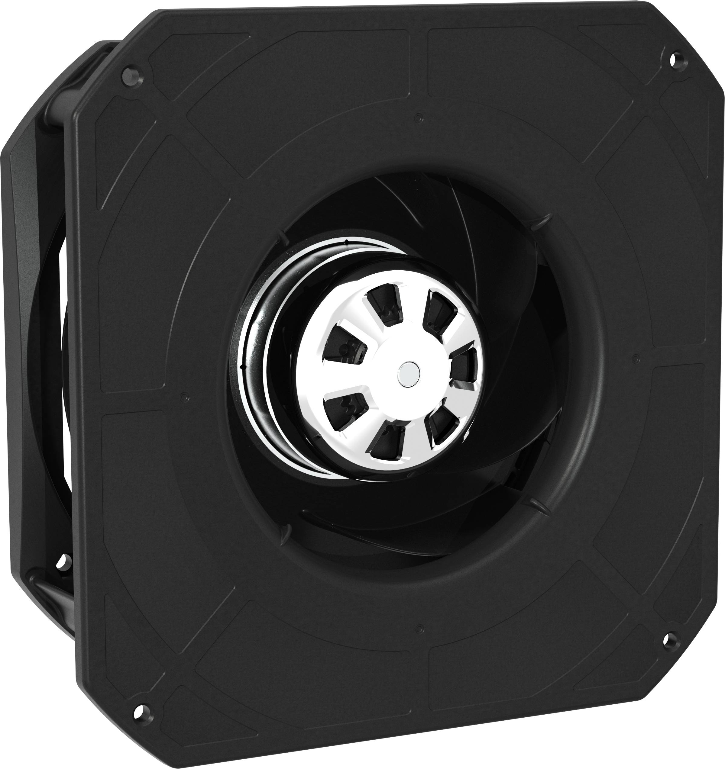 Schwarzer industrieller Gebläse oder Ventilator von vorne betrachtet, mit einer zentralen silbernen Motorwelle in einem quadratischen Gehäuse.