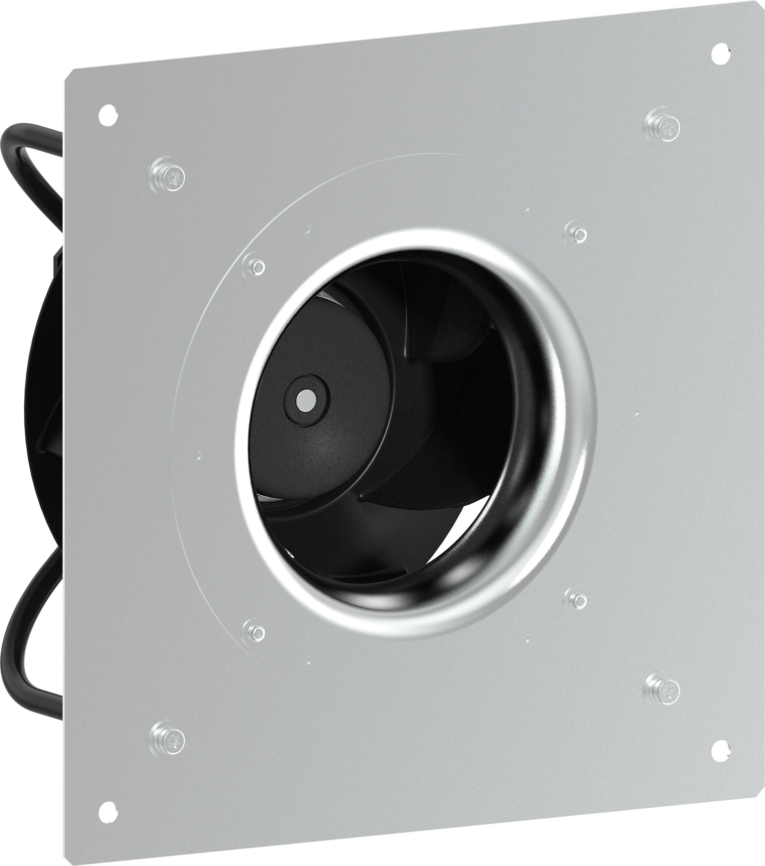 Quadratisches Metallventilatorgehäuse für Lüftung mit kreisförmiger schwarzer Ventilatoröffnung und sichtbaren Befestigungslöchern