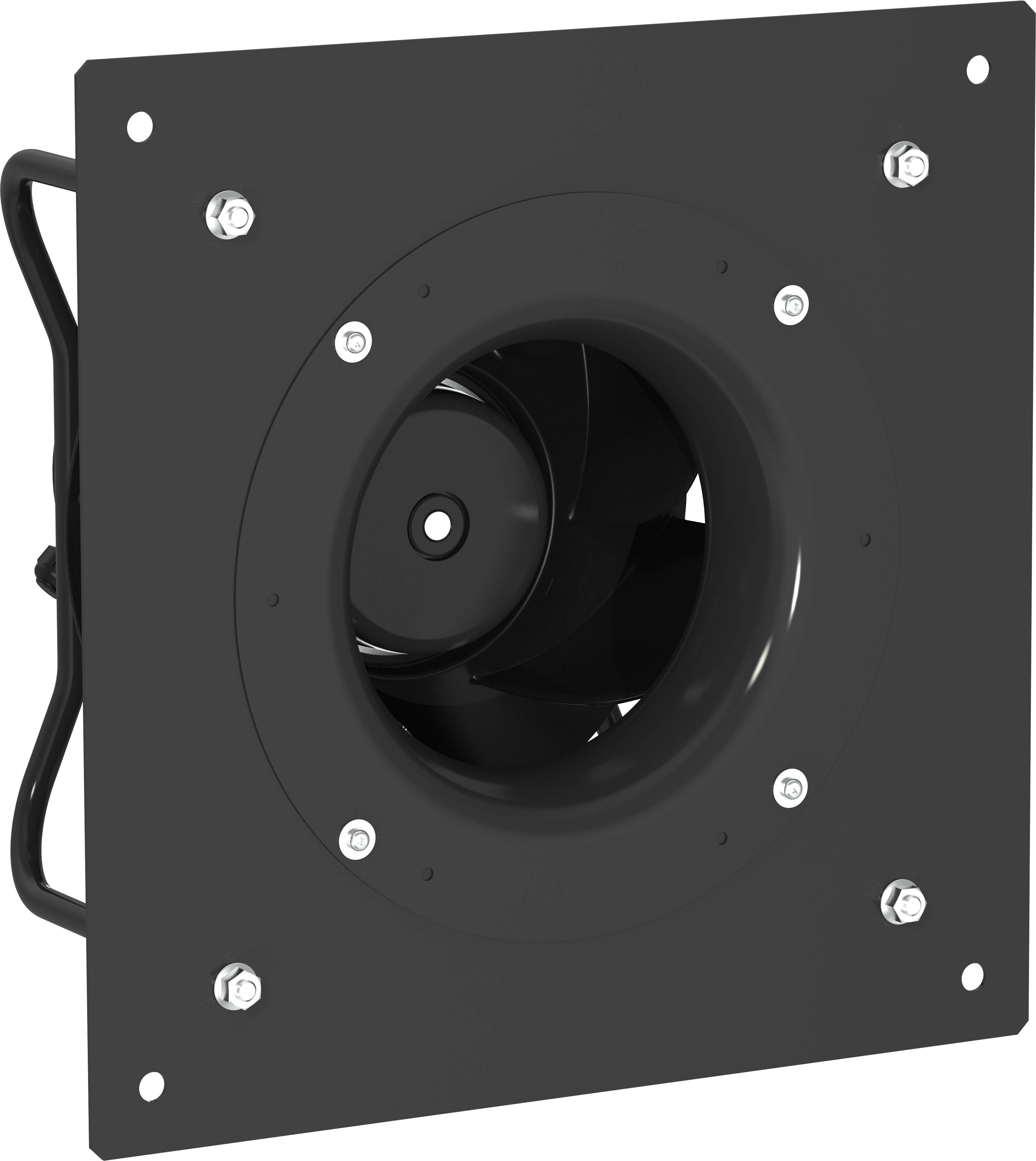 Schwarzer quadratischer Lüftungsventilator mit zentraler runder Öffnung, montiert auf einem flachen Panel mit sichtbaren Schrauben und einem Stromkabel auf der linken Seite.