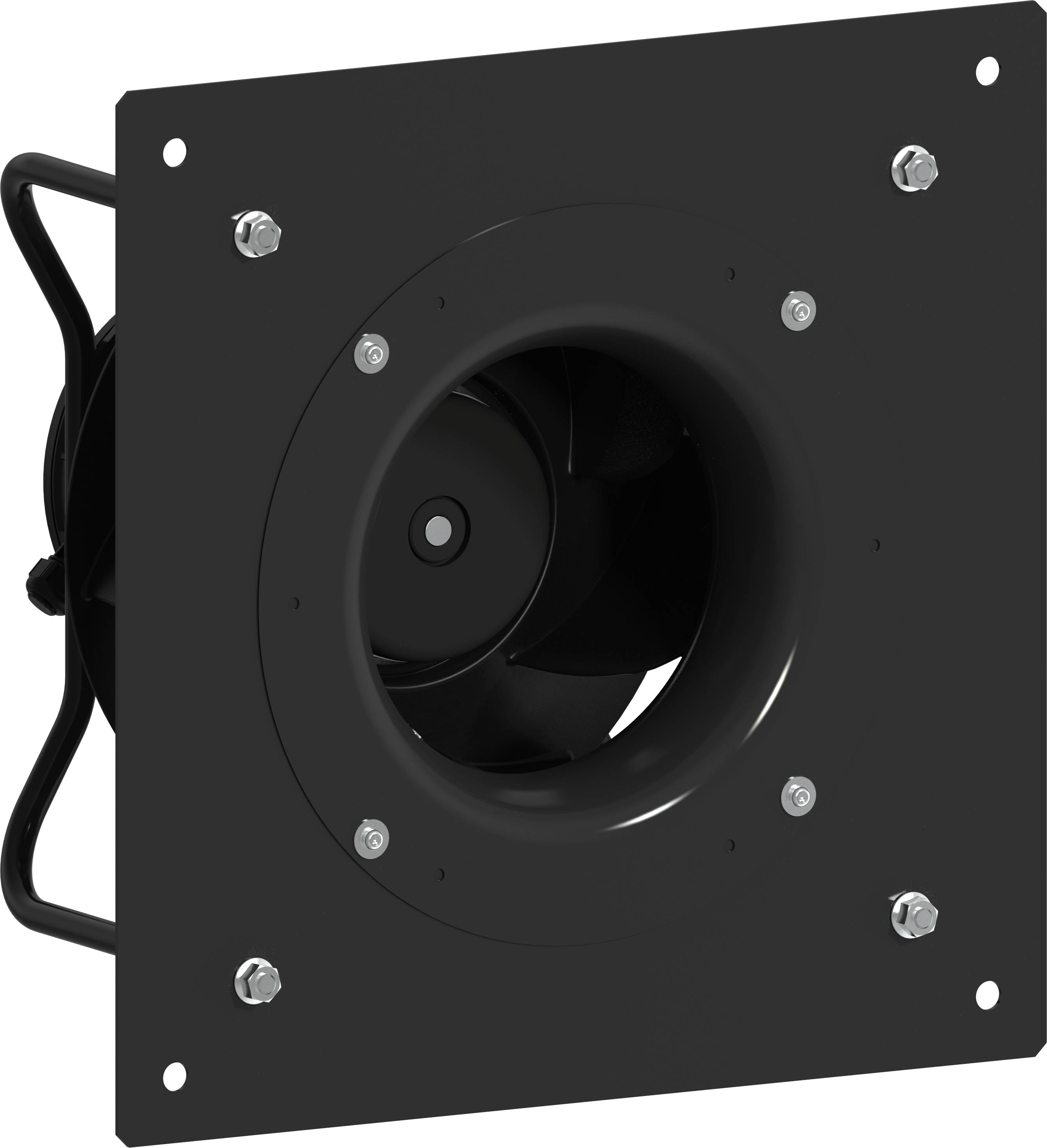 Schwarzer quadratischer Lüftungsventilator mit zentraler kreisförmiger Gebläseöffnung, Befestigungsschrauben und einem Stromkabel auf der linken Seite.