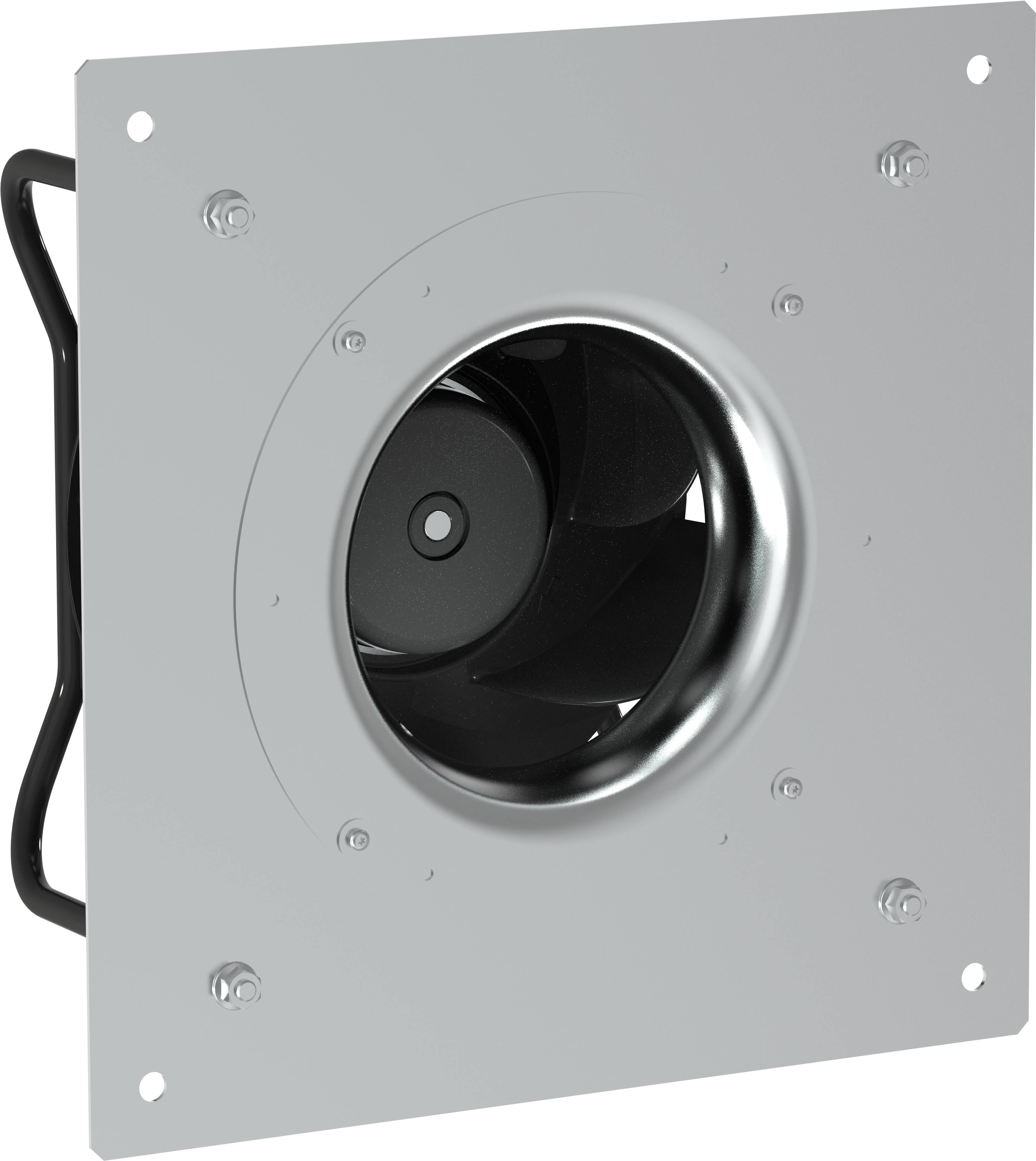 Industrieller Lüftungsventilator mit quadratischer Metallmontageplatte und kreisförmiger schwarzer Lüfteröffnung, von vorne in schrägem Winkel dargestellt.