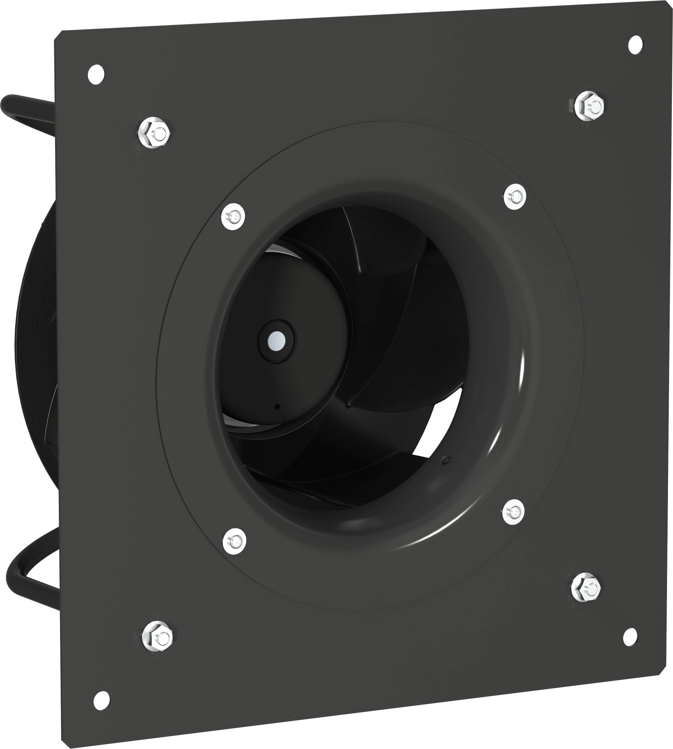 Schwarze quadratische Lüftungsventilatoreinheit mit zentraler kreisförmiger Öffnung und sichtbaren Schaufeln, dargestellt in einer vorderen Dreiviertelperspektive.