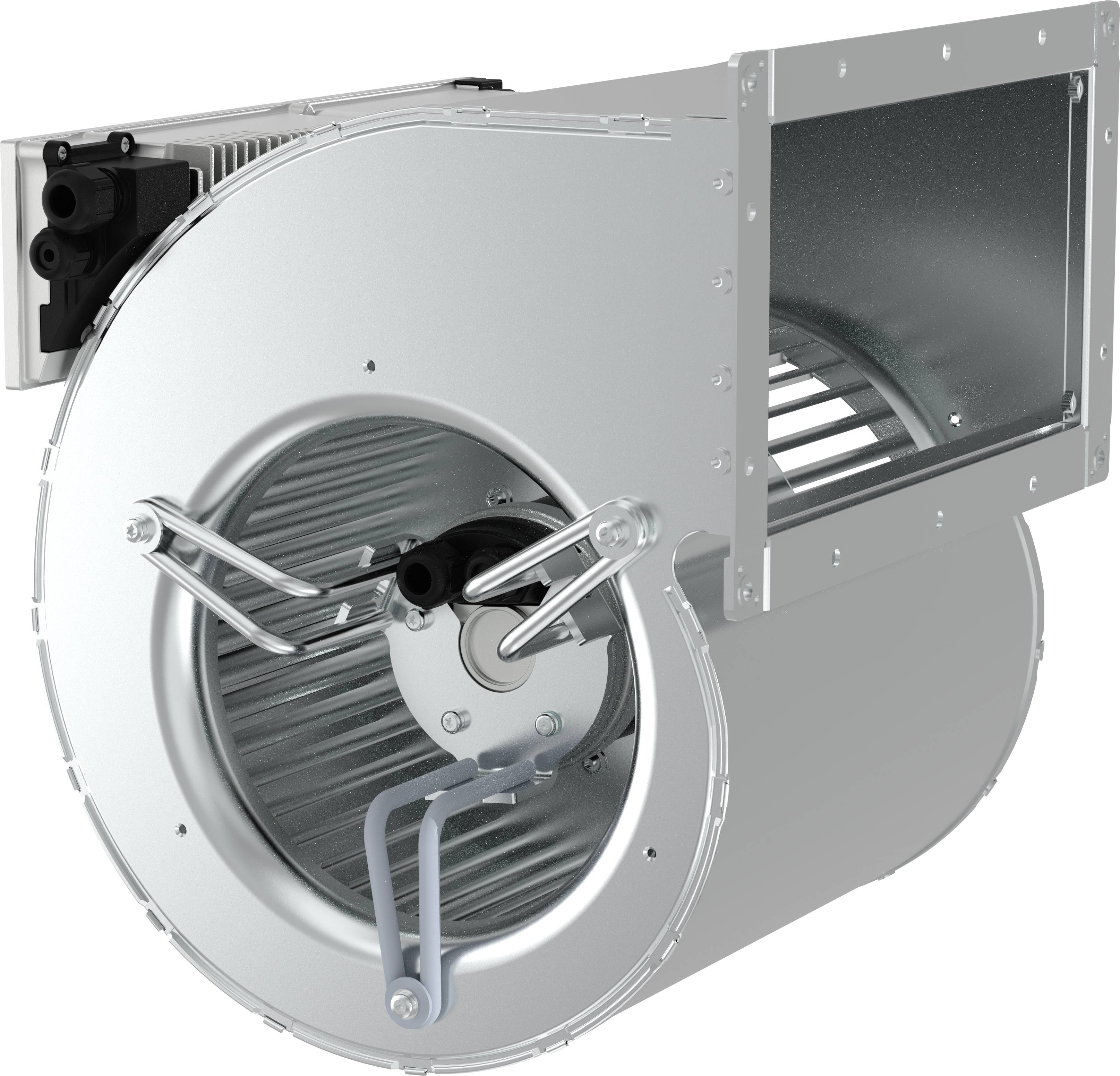 Industrieller Zentrifugalgebläse-Ventilator mit Metallgehäuse und freiliegendem Laufrad, gezeigt in einer Produktansicht auf weißem Hintergrund.
