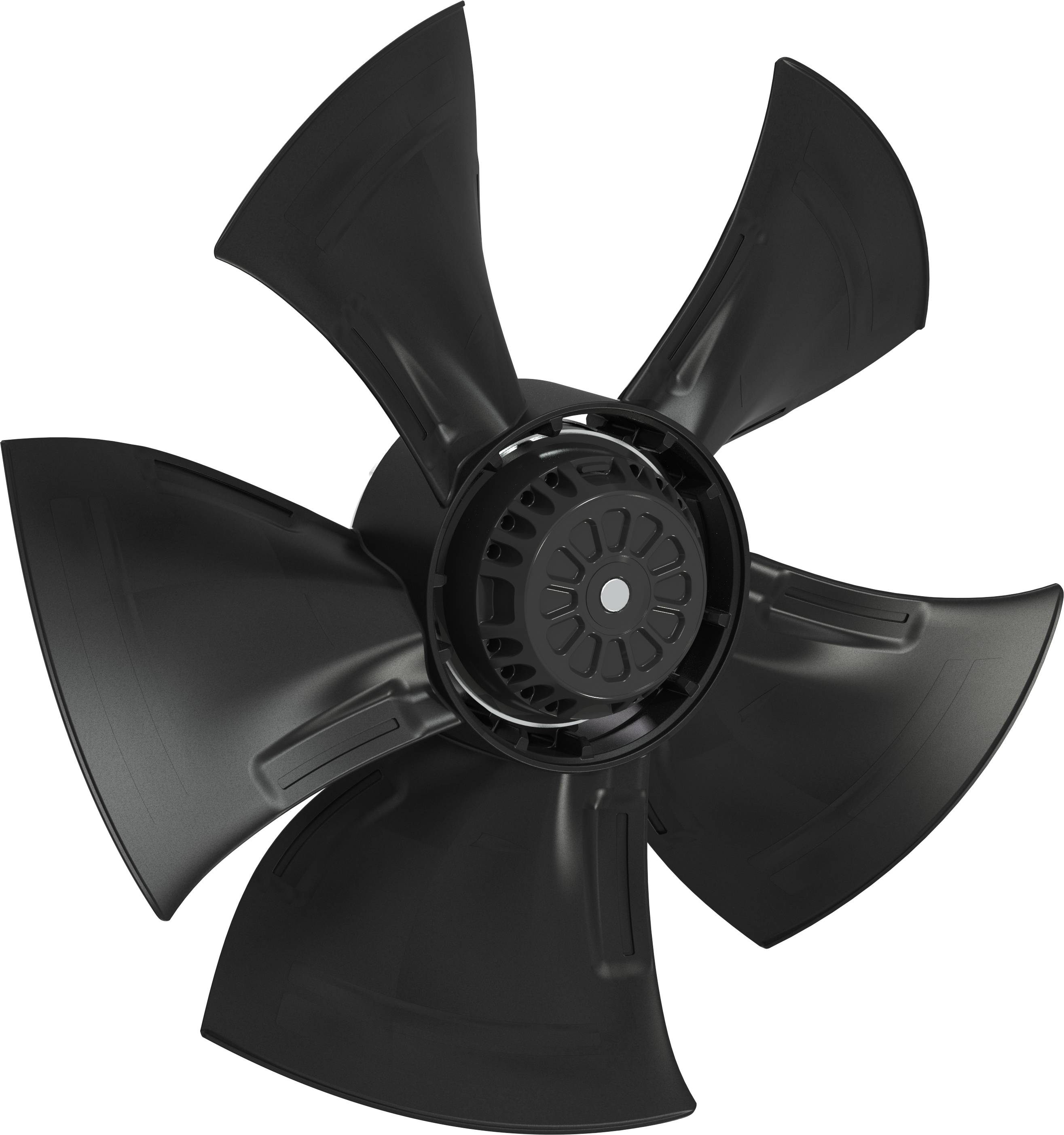 Schwarzer fünfblättriger Ventilatorpropeller auf weißem Hintergrund, von vorne betrachtet.
