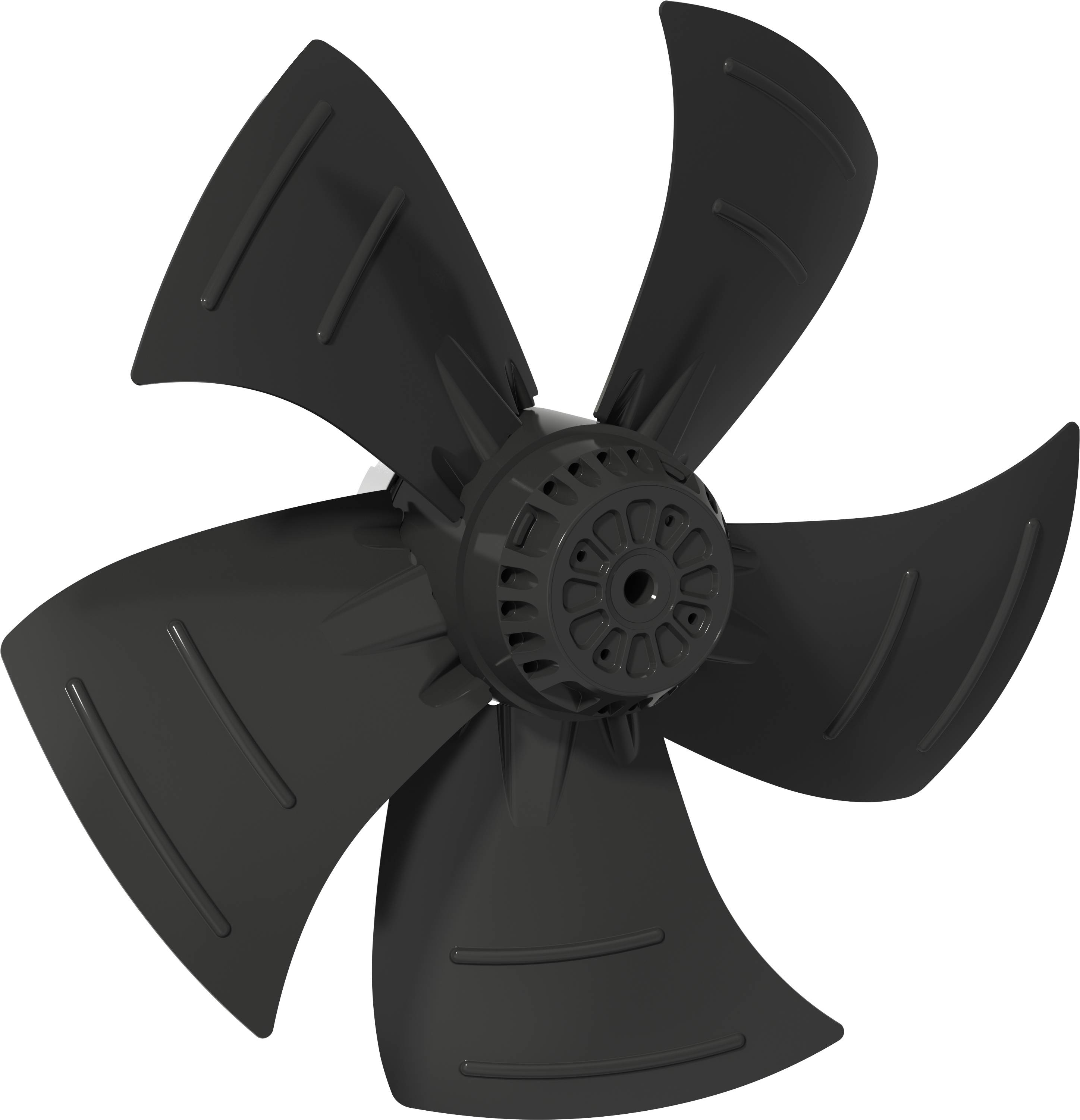 Schwarzer fünfflügeliger Ventilatorpropeller auf weißem Hintergrund, in Nahaufnahme dargestellt.
