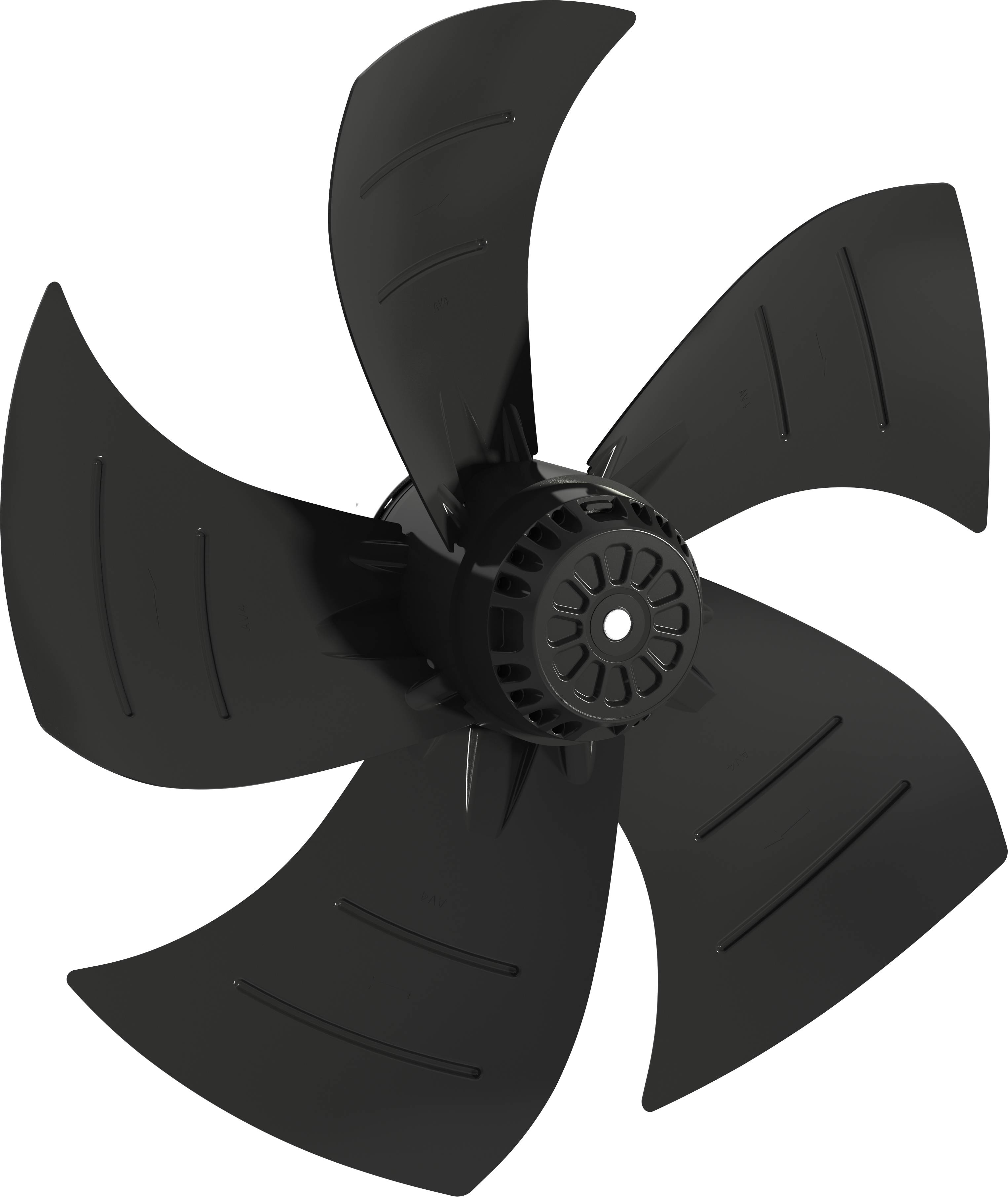 Schwarzer fünfflügeliger Ventilator oder Propeller auf weißem Hintergrund, in Nahaufnahme dargestellt.