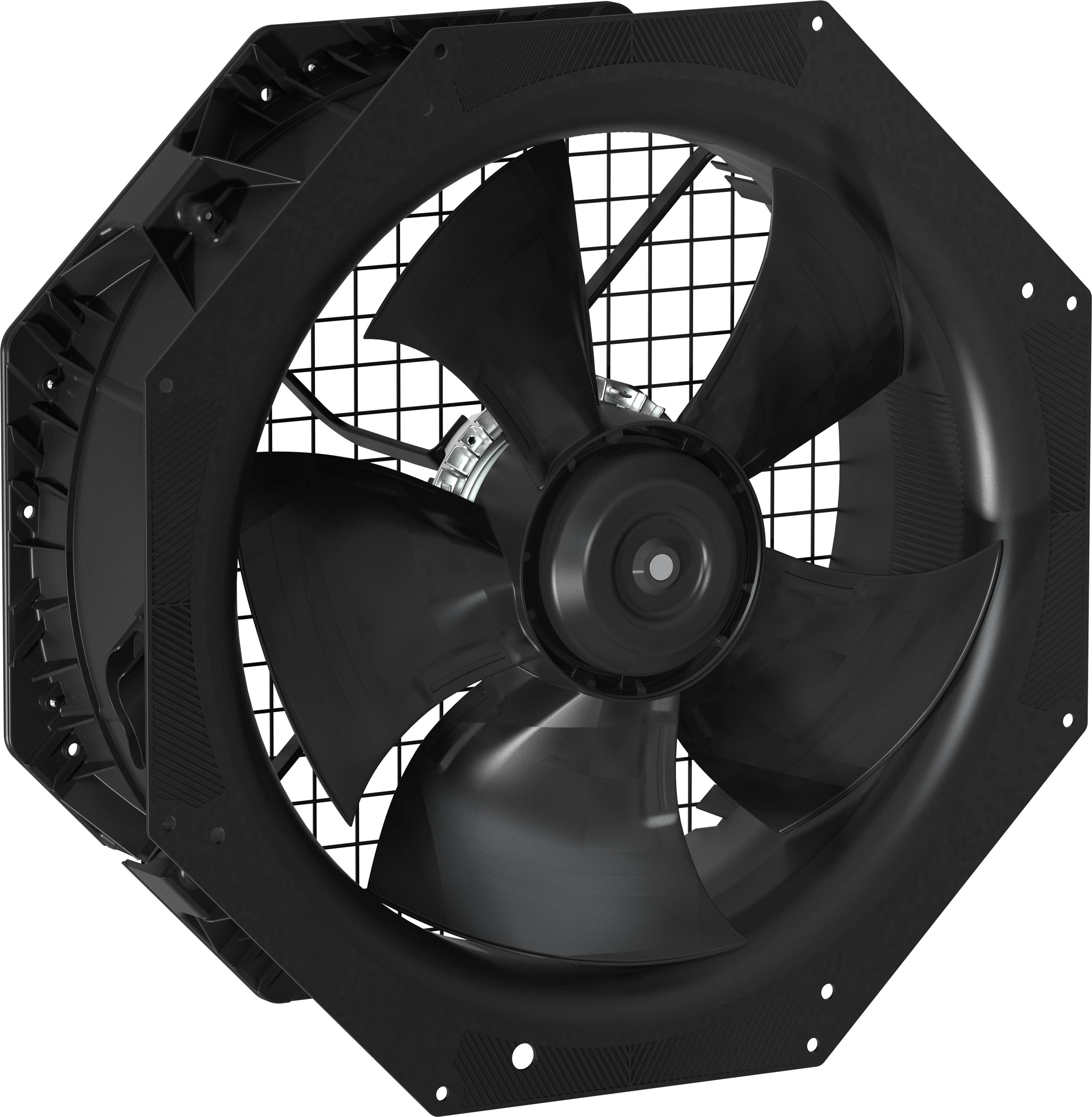 Schwarzer industrieller Axialventilator mit sechs Blättern und einem quadratischen Befestigungsrahmen auf weißem Hintergrund.