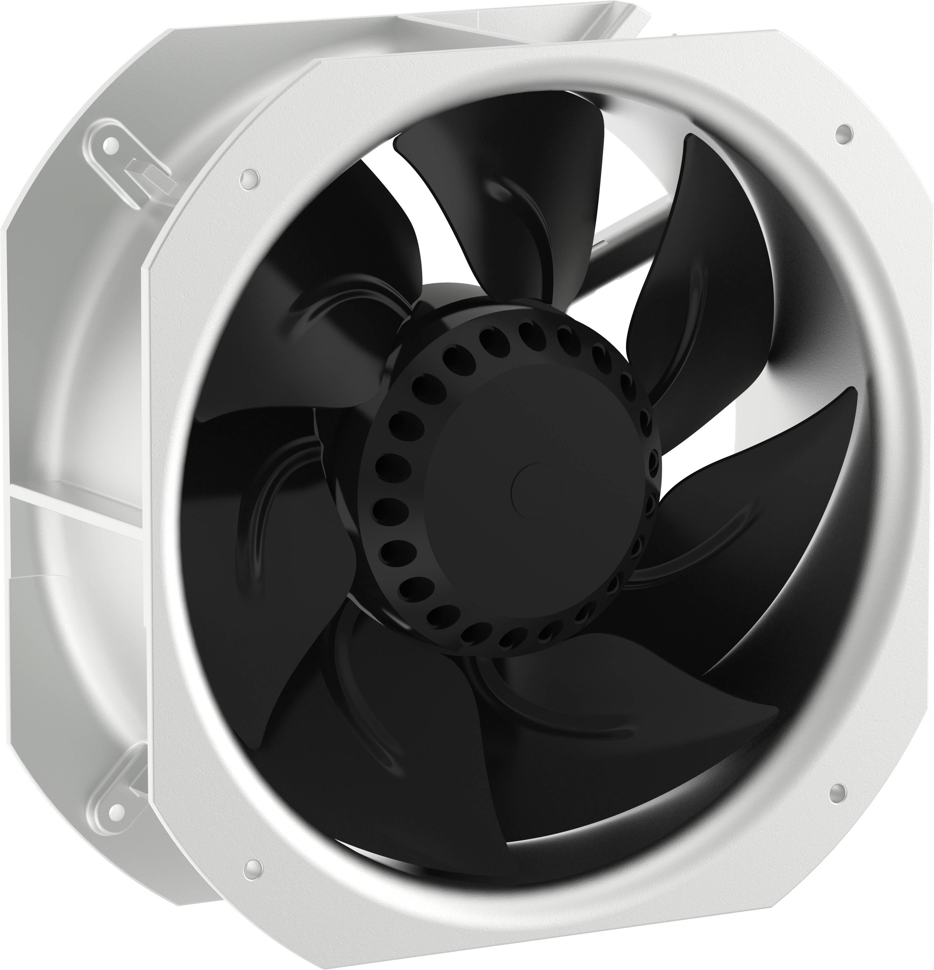 Nahaufnahme eines silbernen axial bewegten Kühlventilators mit schwarzen Blättern, frontal vor weißem Hintergrund dargestellt.