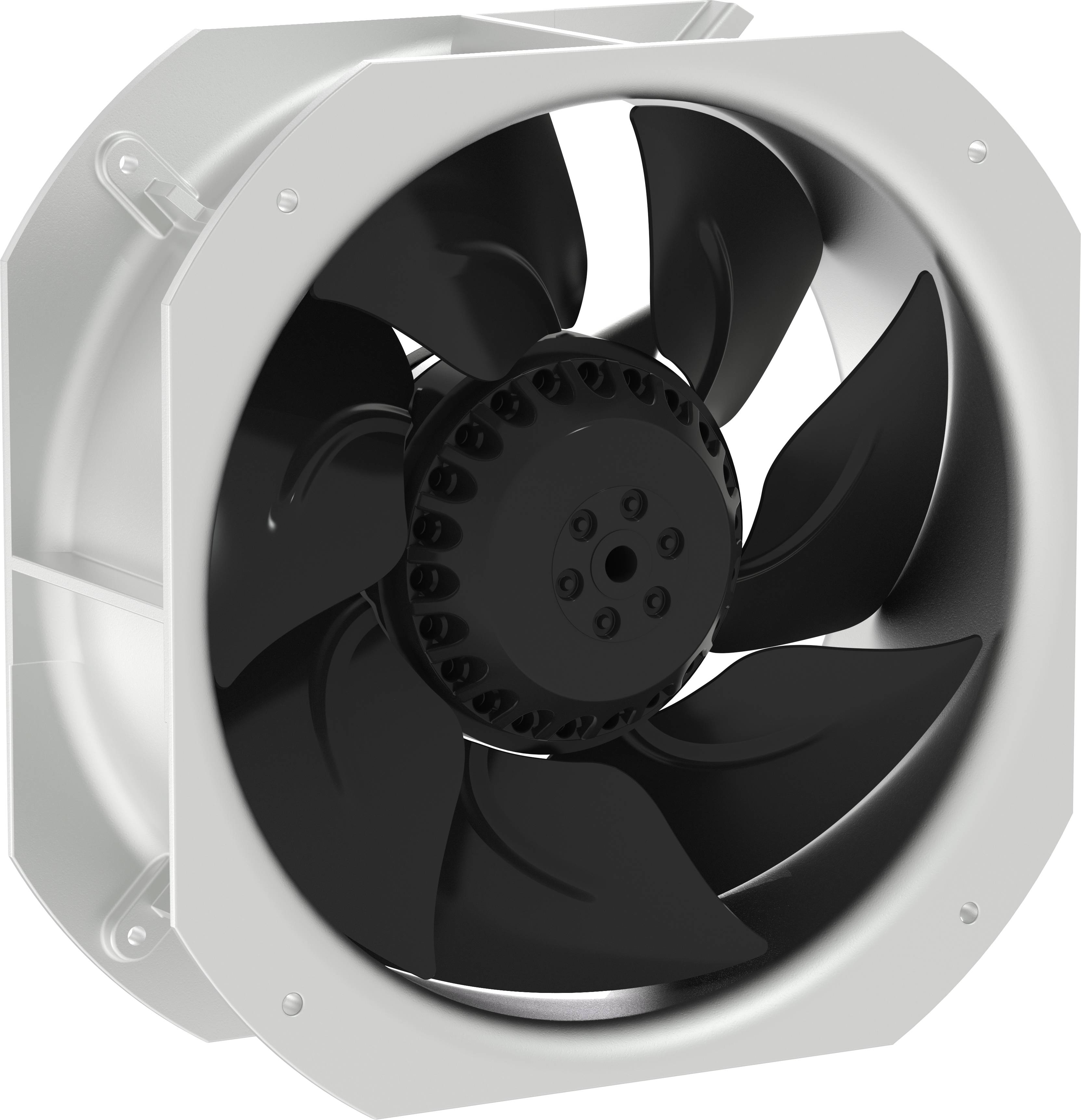 Schwarzer axialer Kühlventilator in einem weißen quadratischen Metallgehäuse, frontal auf weißem Hintergrund gezeigt.