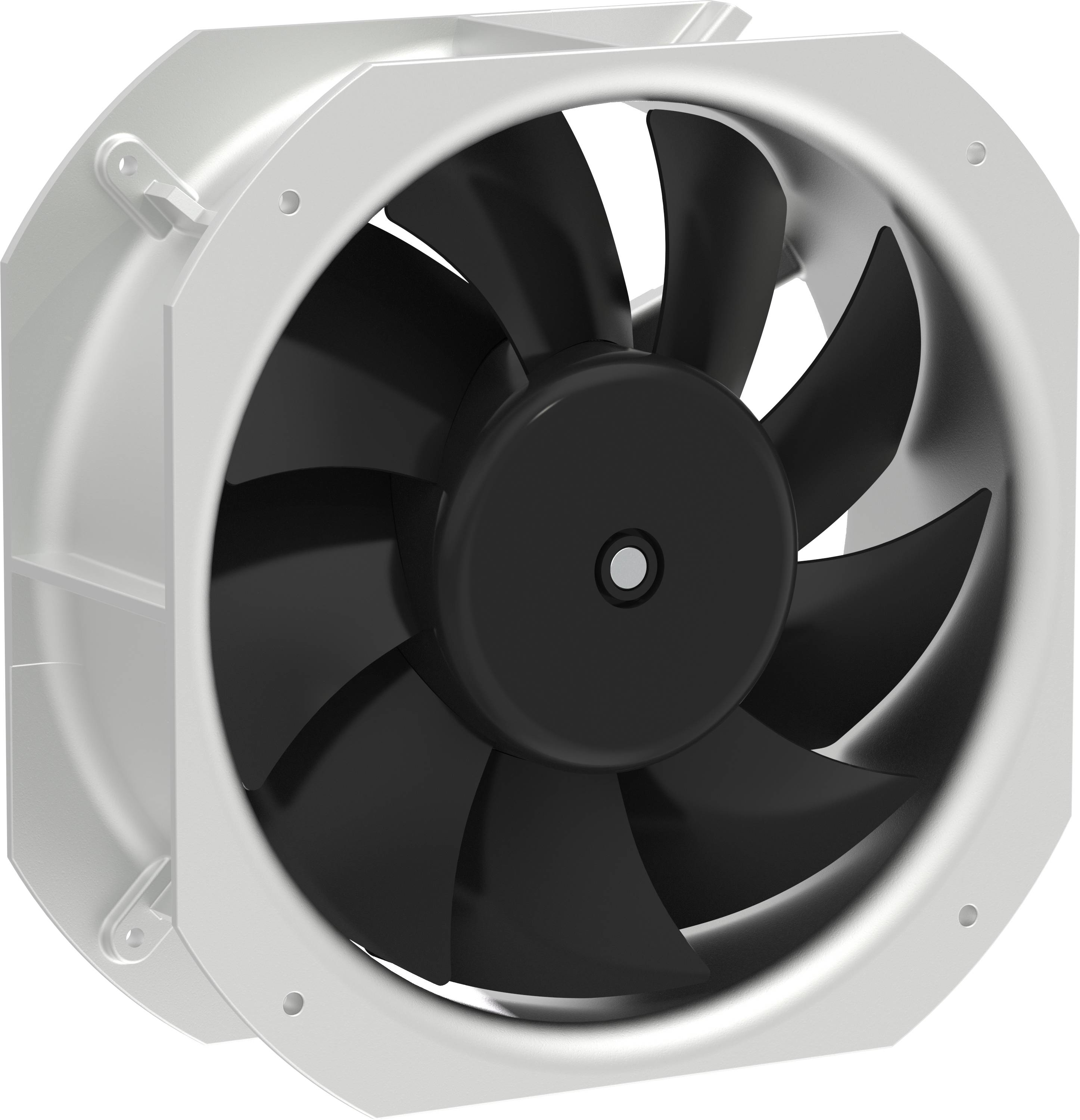 Schwarzer axialer Kühlventilator in einem silbernen quadratischen Gehäuse, frontal dargestellt mit mehreren Schaufeln und Befestigungslaschen.