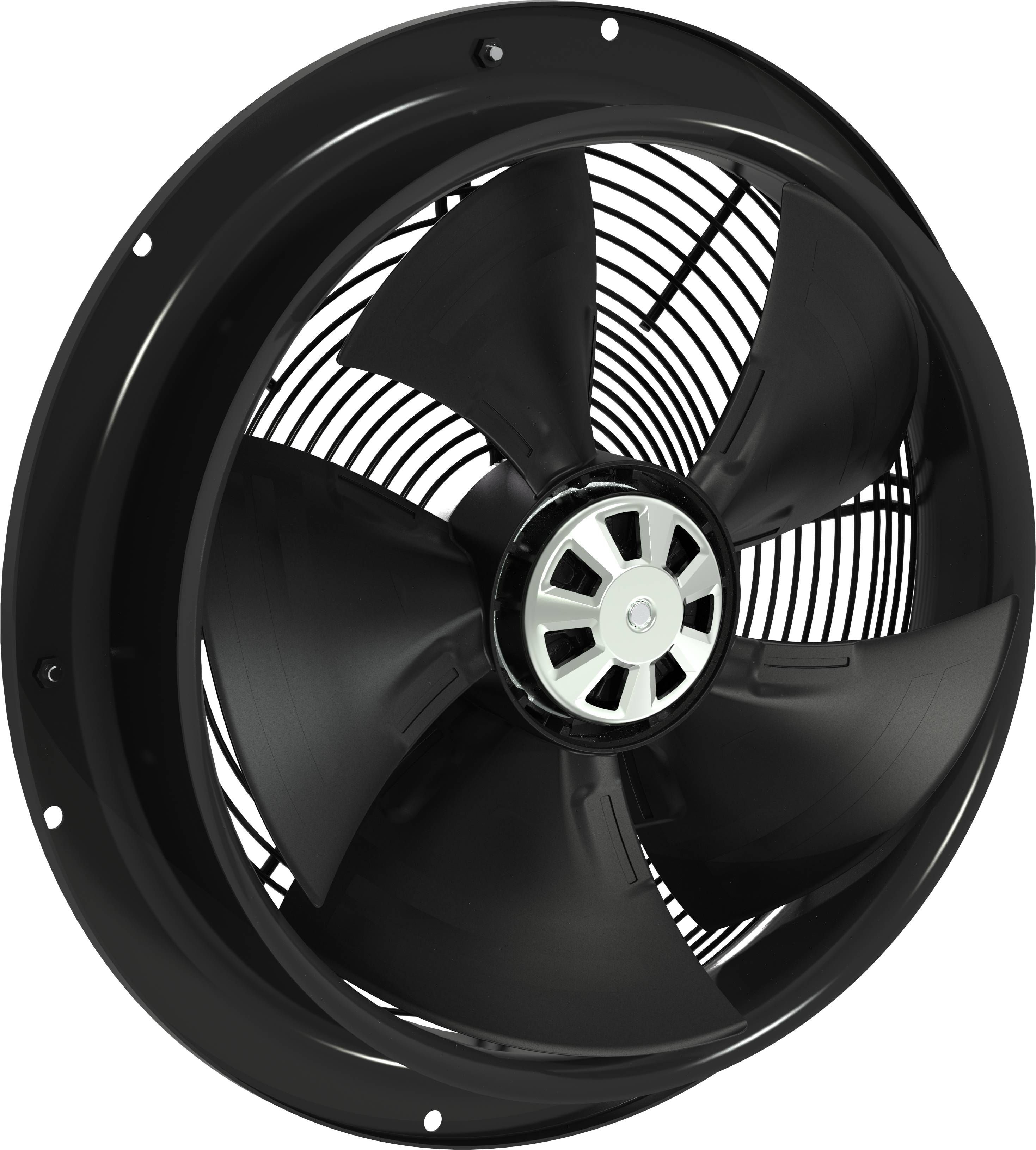 Schwarzer Axialventilator mit fünf Blättern und rundem Metallgehäuse, dargestellt auf weißem Hintergrund.