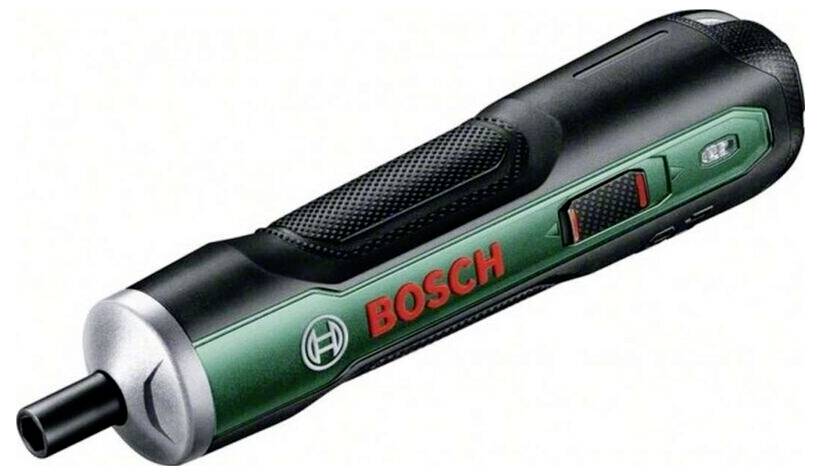 Bosch kabelloses Elektroschraubendreher, grün und schwarz, in Seitenansicht auf weißem Hintergrund dargestellt.