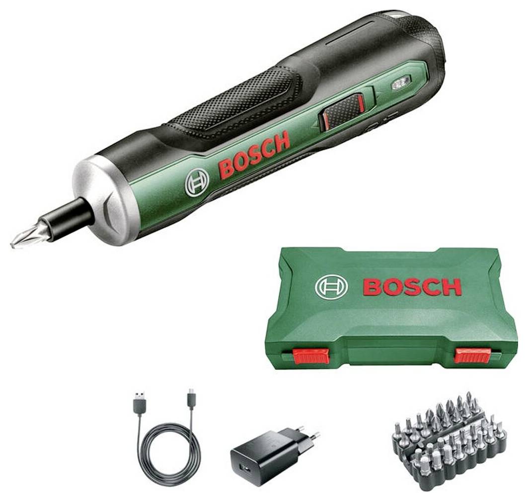 Bosch Akku-Elektroschrauber-Set mit Ladekoffer, USB-Kabel, Netzteil und Bitset.