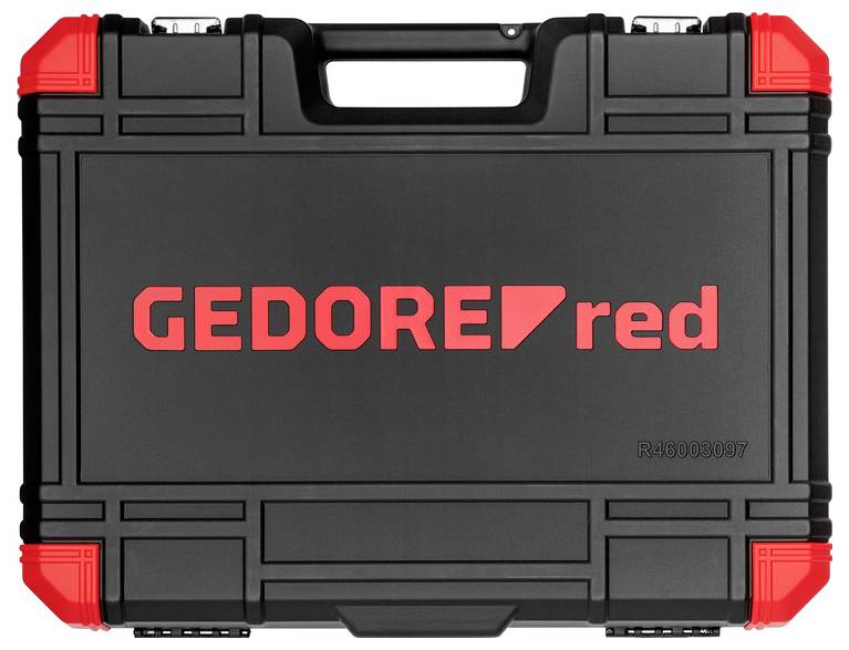 Schwarzer Hartkunststoff-Werkzeugkasten mit roten Eckenakzenten und Griff, vorne mit der Aufschrift "GEDORE red" gekennzeichnet.