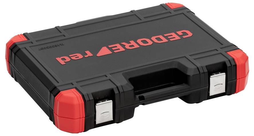 Schwarze Hartplastikkiste mit roten Ecken und "GEDORE red"-Logo, geschlossen auf weißem Hintergrund dargestellt.