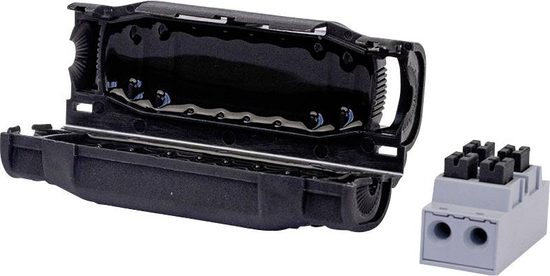 Schwarzer Elektrodraht-Verbindungsstecker mit offenem Scharnierkörper und separatem grauem Zwei-Port-Steckermodul daneben abgebildet.
