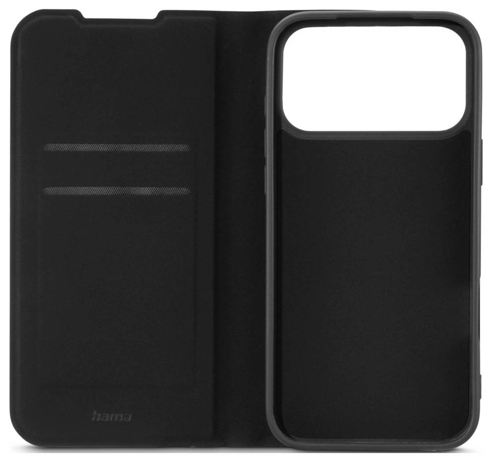 Schwarze Folio-Handyhülle mit Vorderseite und Kameraausschnitt auf weißem Hintergrund.