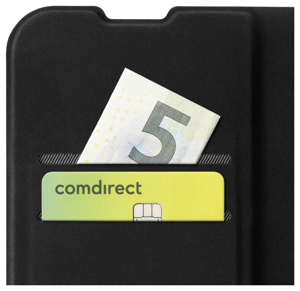 Comdirect-Karteninhaber mit einer teilweise in eine Tasche eingeführten Euro-Banknote, die die Vorderseite einer gelben und grünen „comdirect"-Karte zeigt.