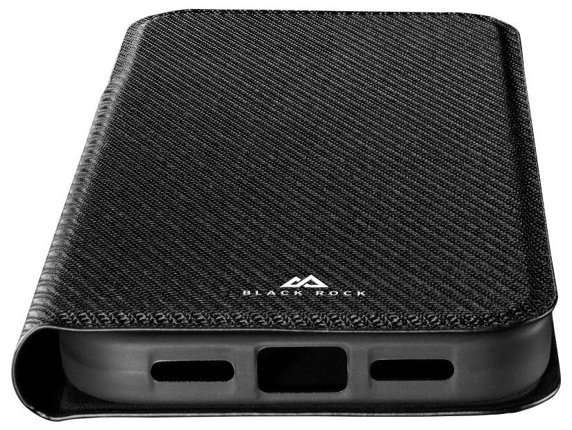 Schwarze Carbon-Faser-Design-Handyhülle, Rückansicht, schwarz mit Logo, mit Ausschnitten für Anschlüsse und Lautsprecher.