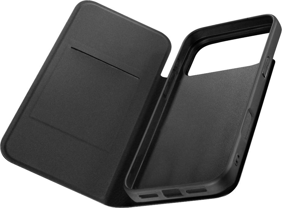 Schwarze Schutzhülle für Telefon, geöffnet dargestellt, mit aufklappbarem Deckel und Ausschnitten für Anschlüsse und Tasten.
