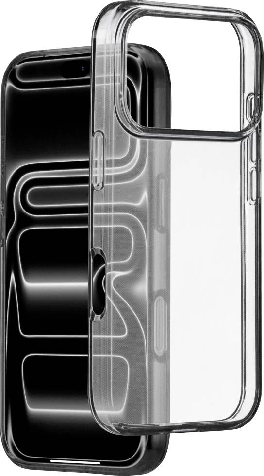 Transparente Handyhülle, die ein schwarzes Smartphone teilweise bedeckt und die schützende Passform und die Kameraaussparung hervorhebt.
