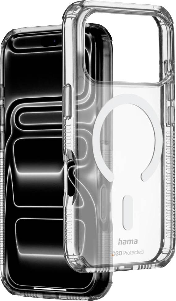 Transparente Schutzhandyhülle, die über einem schwarzen Smartphone gezeigt wird und den MagSafe-ähnlichen kreisförmigen Ring auf der Rückseite hervorhebt.