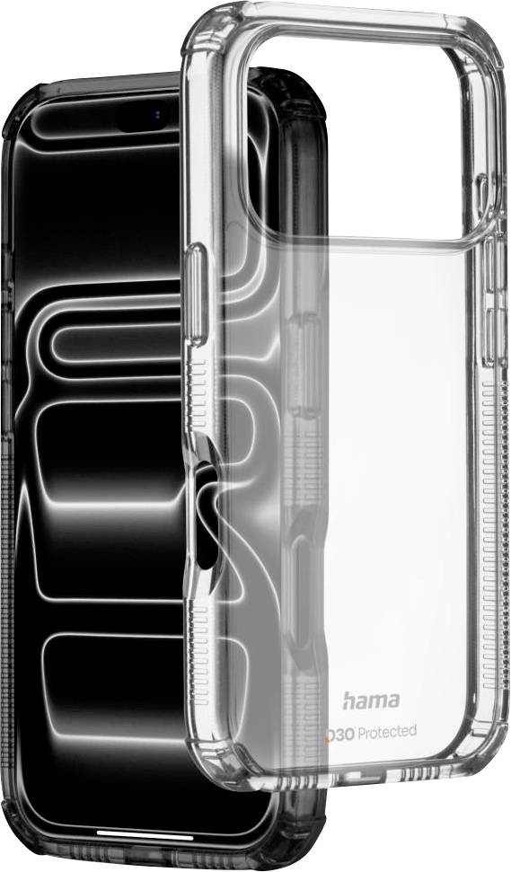 Zwei transparente Schutzfälle für Smartphones, einer mit schwarzer Tönung und einer klar, übereinander liegend auf weißem Hintergrund gezeigt.