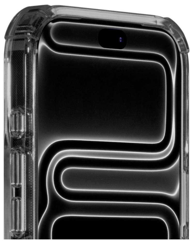 Nahaufnahme eines Smartphones in einer transparenten Schutzhülle, die die Ausschnitt der hinteren Kamera und die schwarz glänzende Rückseite zeigt.