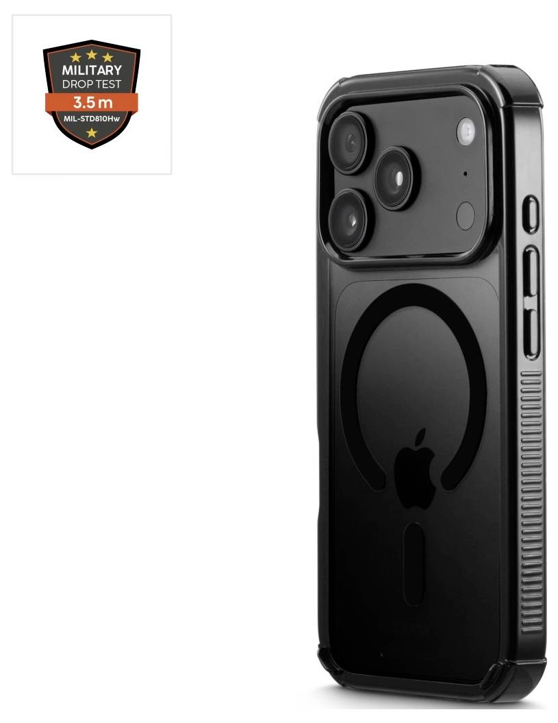 Schwarze iPhone-Hülle mit integriertem MagSafe-Ring und erhöhtem Schutz für die Triple-Kamera, dargestellt mit einem „Military Drop Test 3,5 m"-Abzeichen.