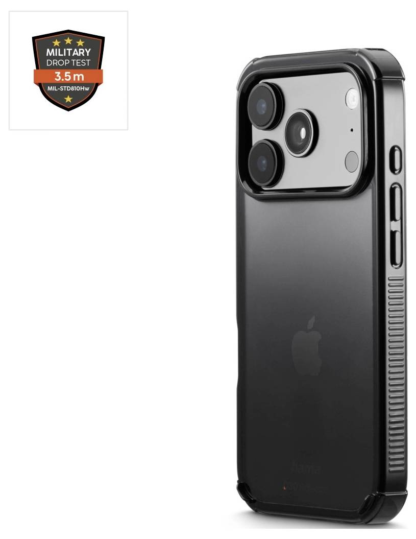 Schwarzes iPhone in einer robusten Schutzhülle mit einem Badge "Military Drop Test 3,5 m", das erhöhten Schutz anzeigt.