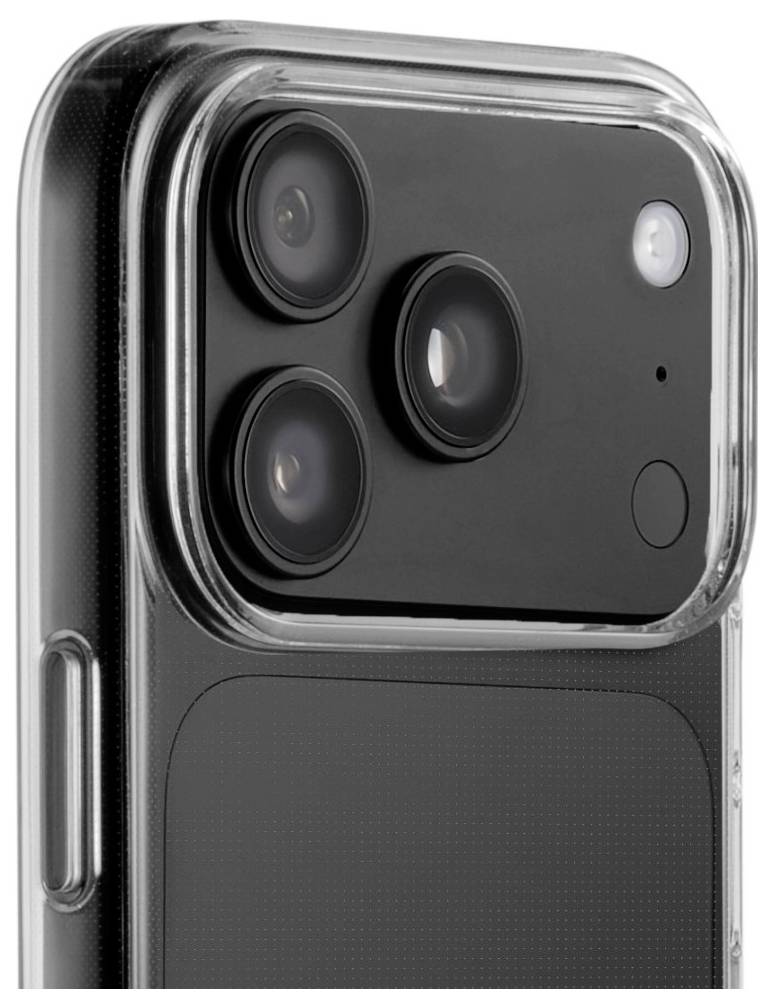 Nahaufnahme des Kamera-Moduls eines Smartphones mit Dreifach-Kamera, Blitz und Linsenarray in einem Schutzgehäuse.