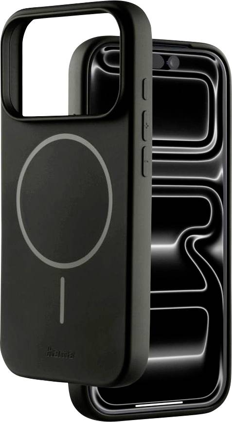 Schwarze Smartphone-Schutzhülle mit großem quadratischem Kameraausschnitt und kreisförmigem MagSafe-ähnlichem Laderingauf weißem Hintergrund.