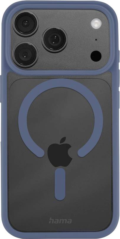 Blaue iPhone-Schutzhülle mit einem kreisförmigen MagSafe-ähnlichen Ring und Apple-Logo-Ausschnitt, von hinten gezeigt mit sichtbaren dreifachen Kameras.