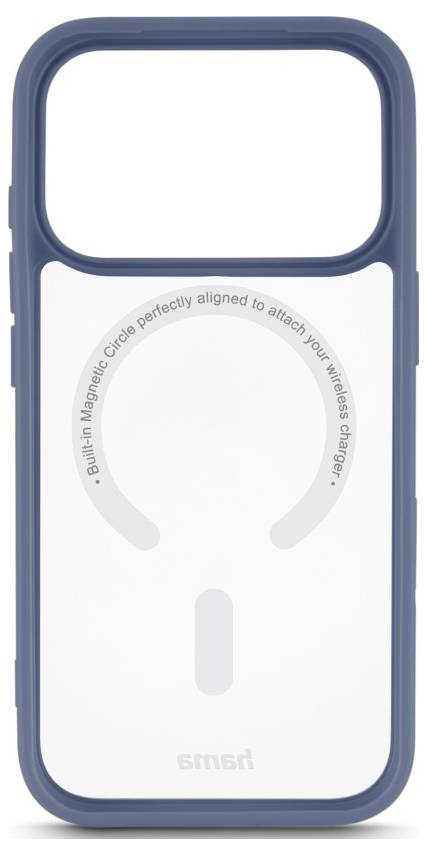 Blaue Handyhülle mit eingebautem MagSafe-ähnlichem Magnetring und Ausrichtungsmarkierung am unteren Ende, gekennzeichnet zum Anbringen eines kabellosen Ladegeräts.